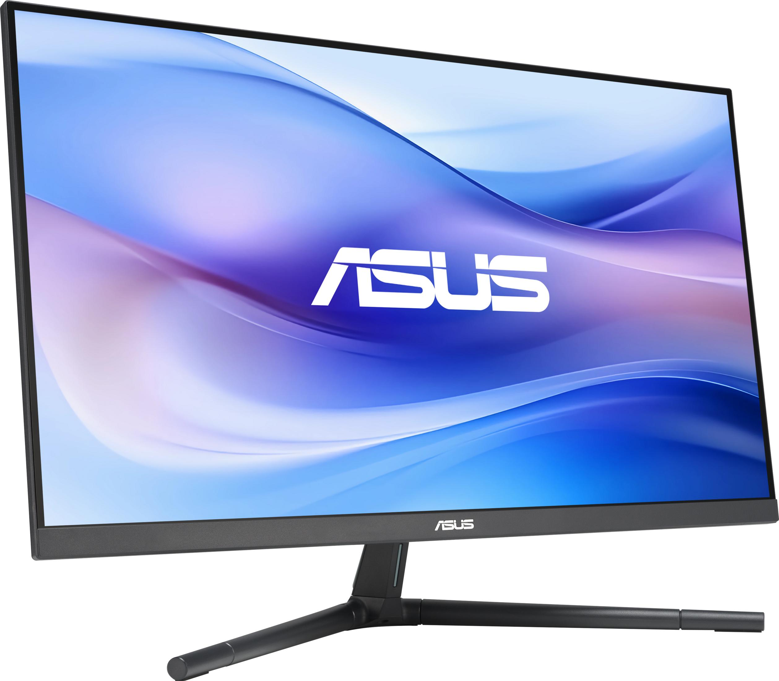 Een zwarte ASUS monitor met een blauw en paars behang.