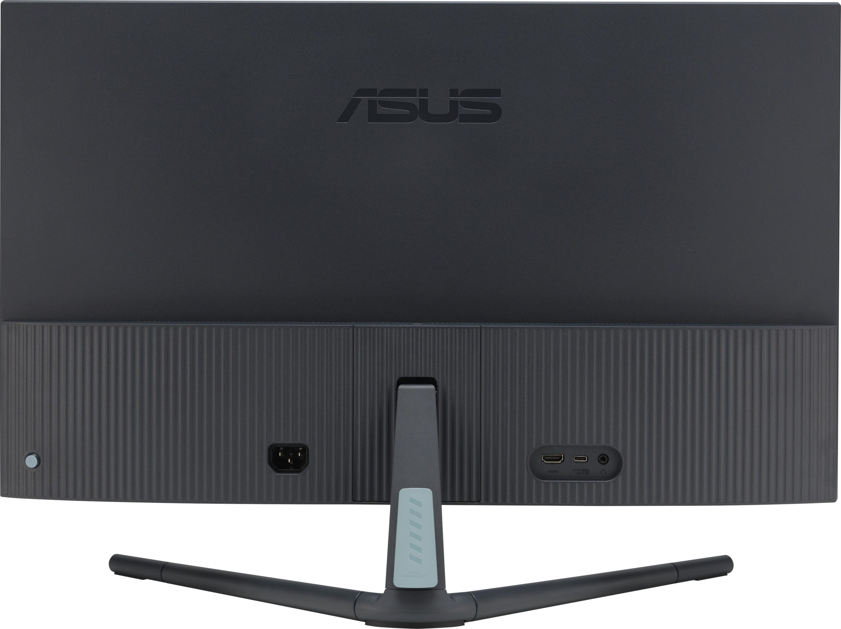 Achterkant van een zwarte monitor met Asus-logo, poorten en standaard.
