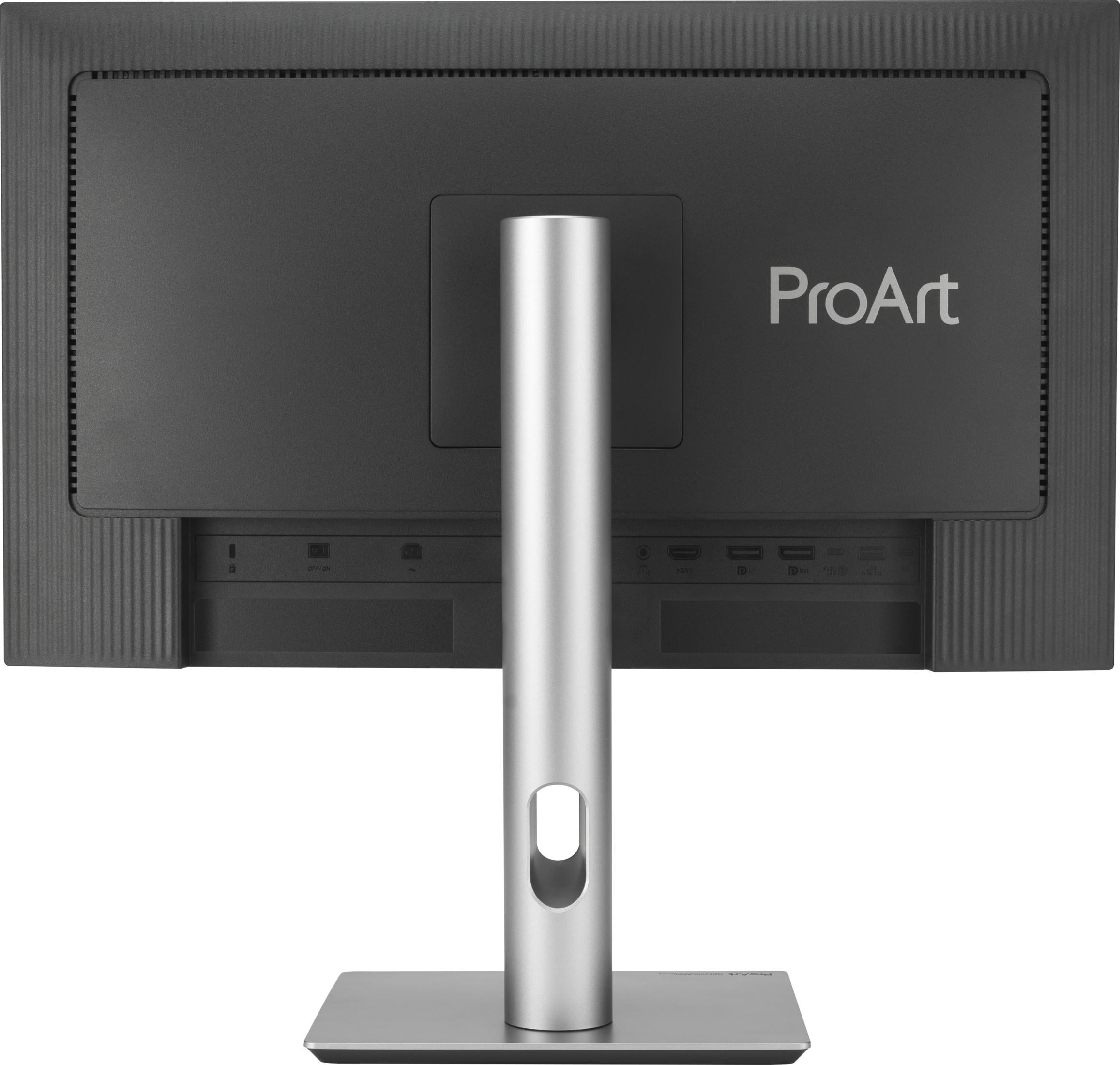 Arrière d'un moniteur noir avec un support argenté et des ports.