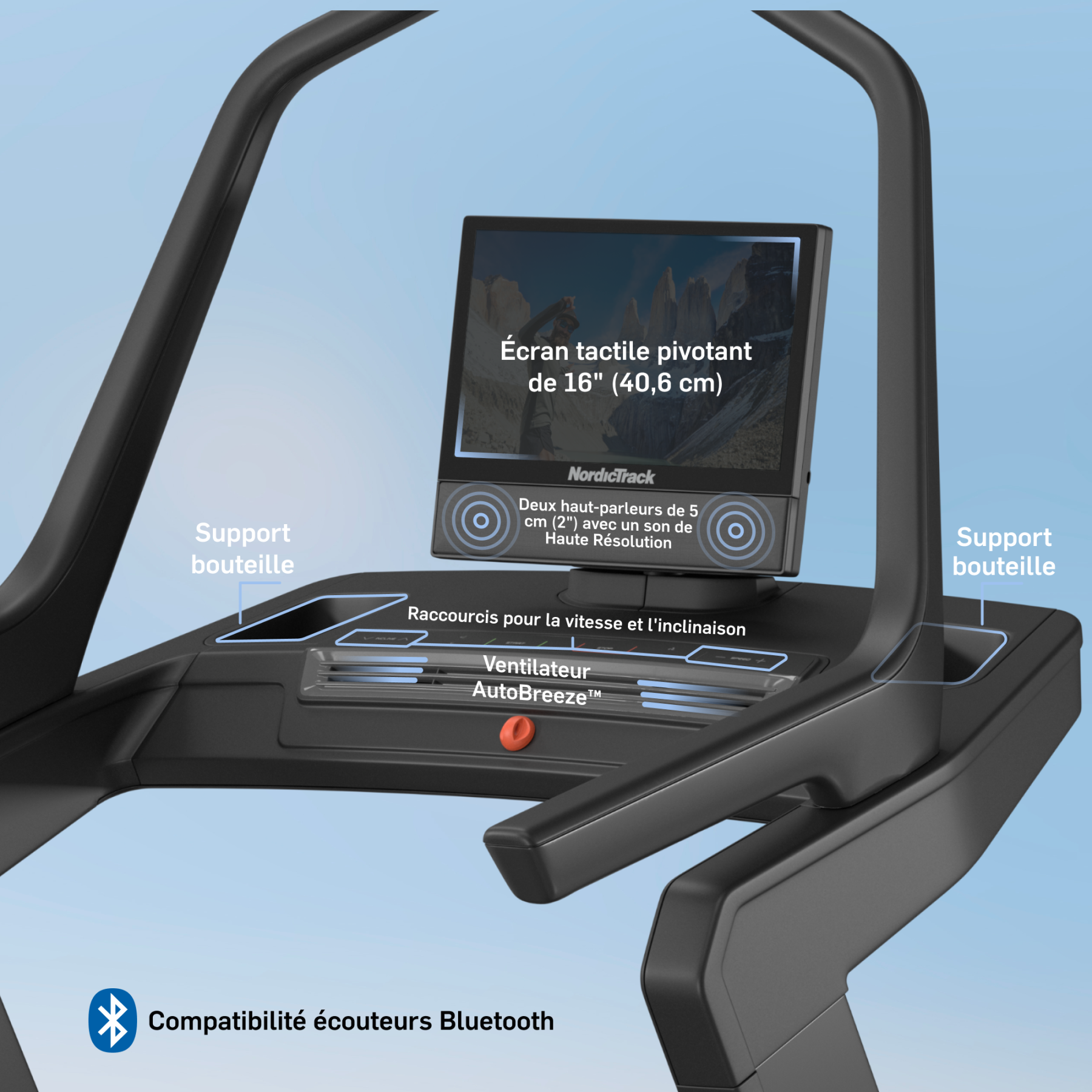 NordicTrack Laufband mit 16-Zoll-Touchscreen, Flaschenhaltern, Lüfter und Bluetooth.