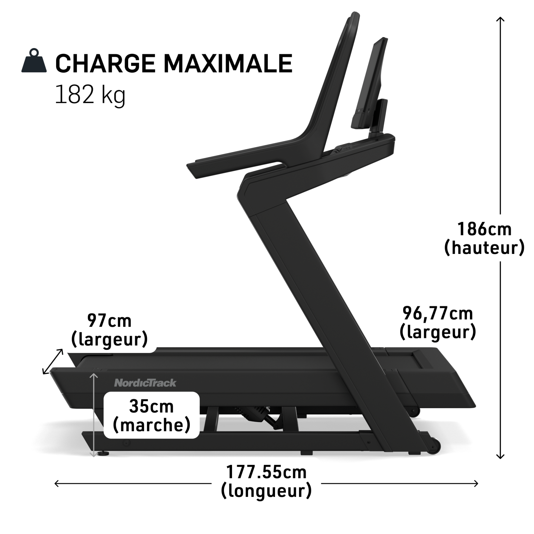 Ein schwarzes Laufband mit Maßen: 177,55cm (Länge), 96,77cm (Breite), 186cm (Höhe).