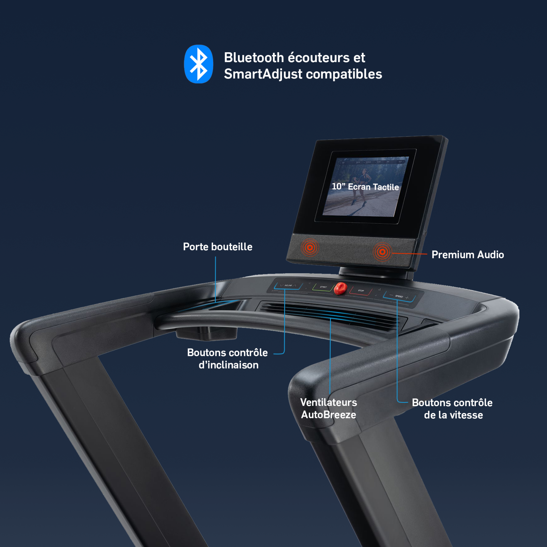 Schwarzes Laufband mit Touchscreen, Getränkehalter, Lüftern und Bedienelementen.