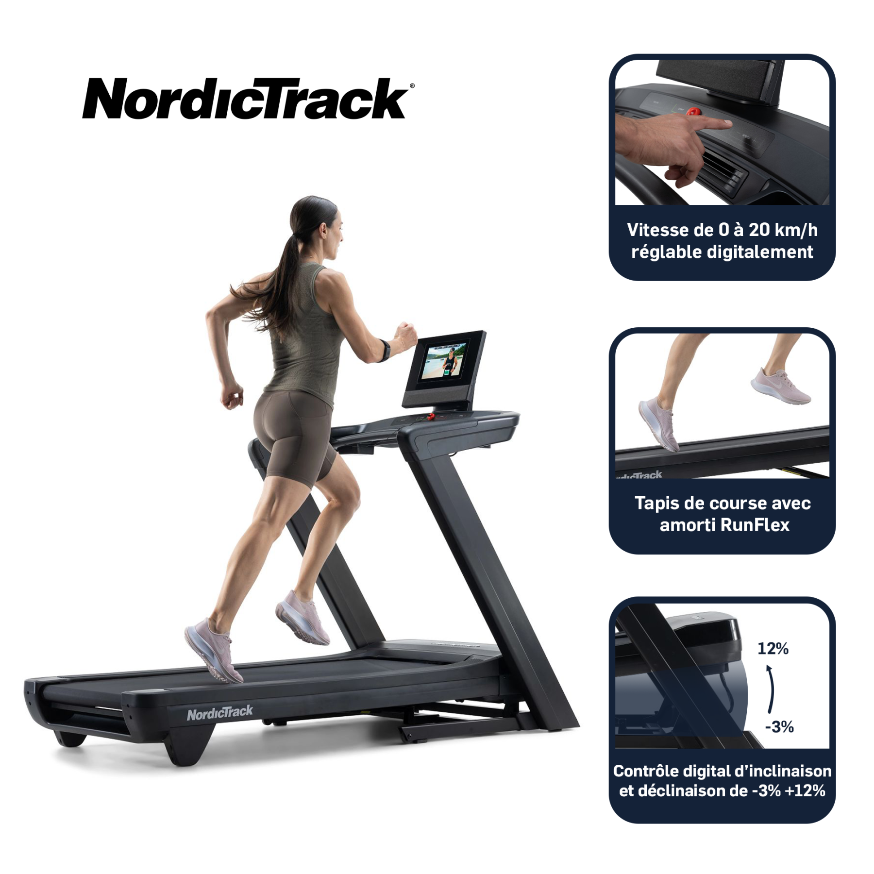 Frau auf einem NordicTrack Laufband mit digitaler Geschwindigkeits- und Neigungsregelung.