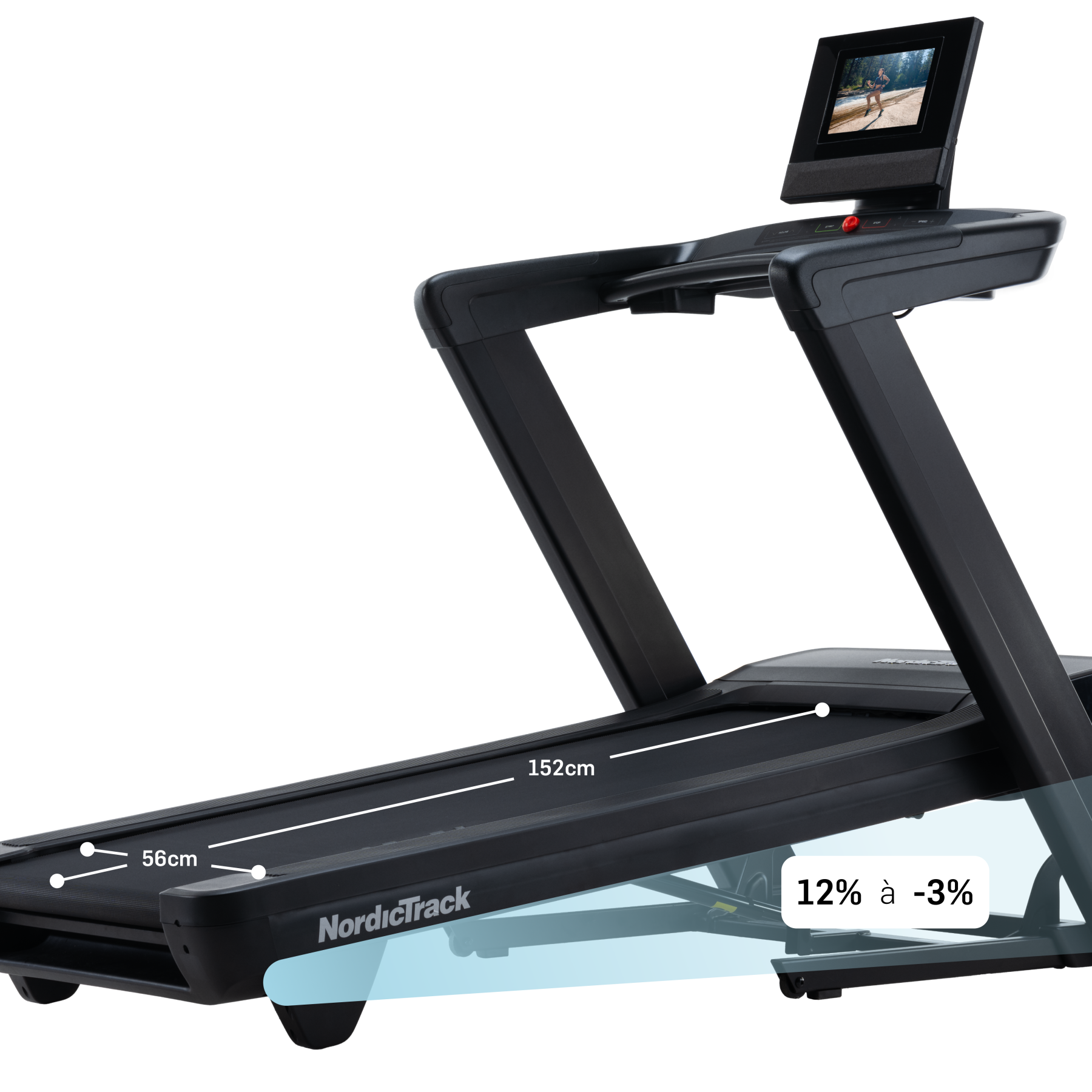 Schwarzes Laufband mit Touchscreen, der einen Läufer zeigt. Maße angegeben.