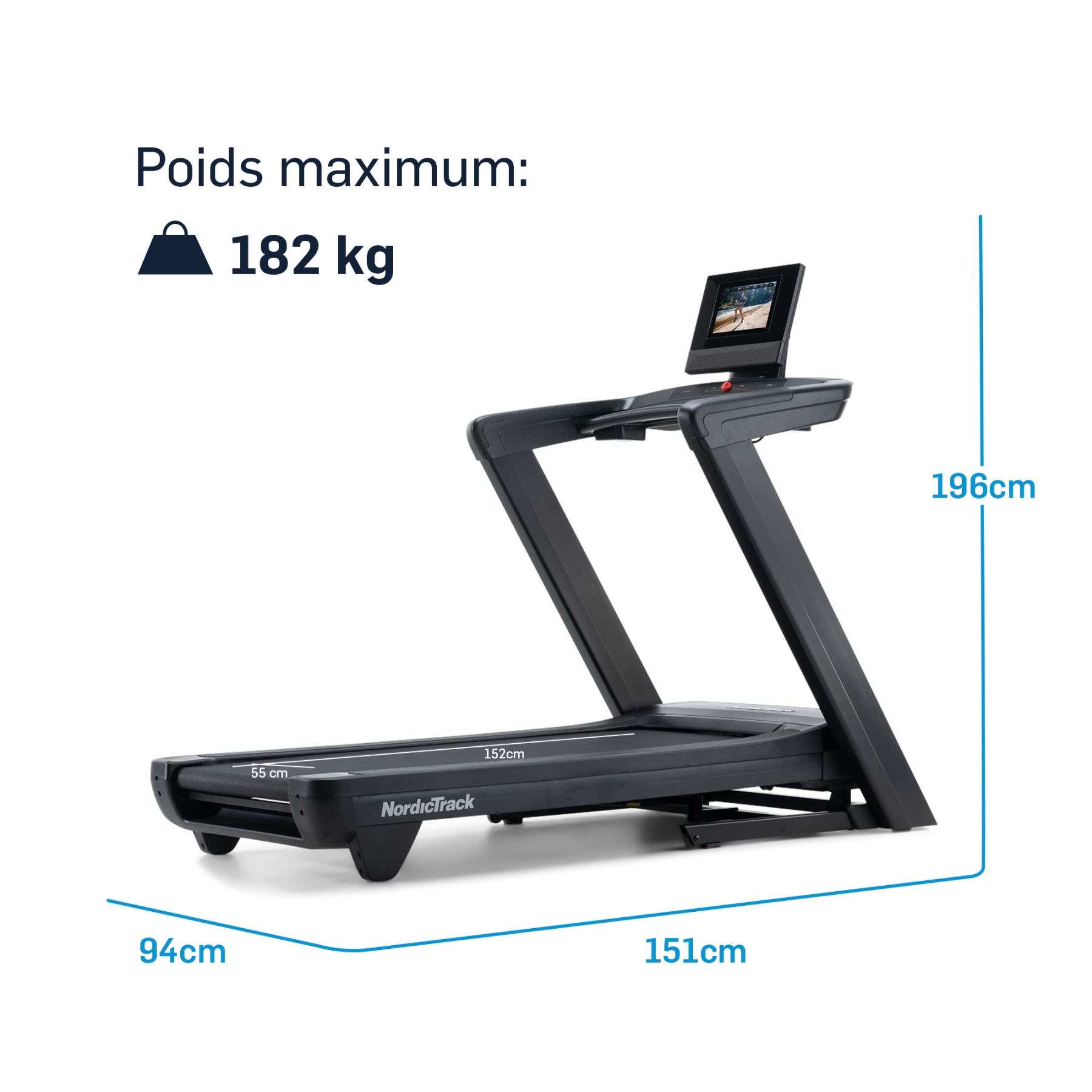 Schwarzes Laufband von NordicTrack mit Bildschirm, 182 kg max. Gewicht, Maße 196x94x151cm.