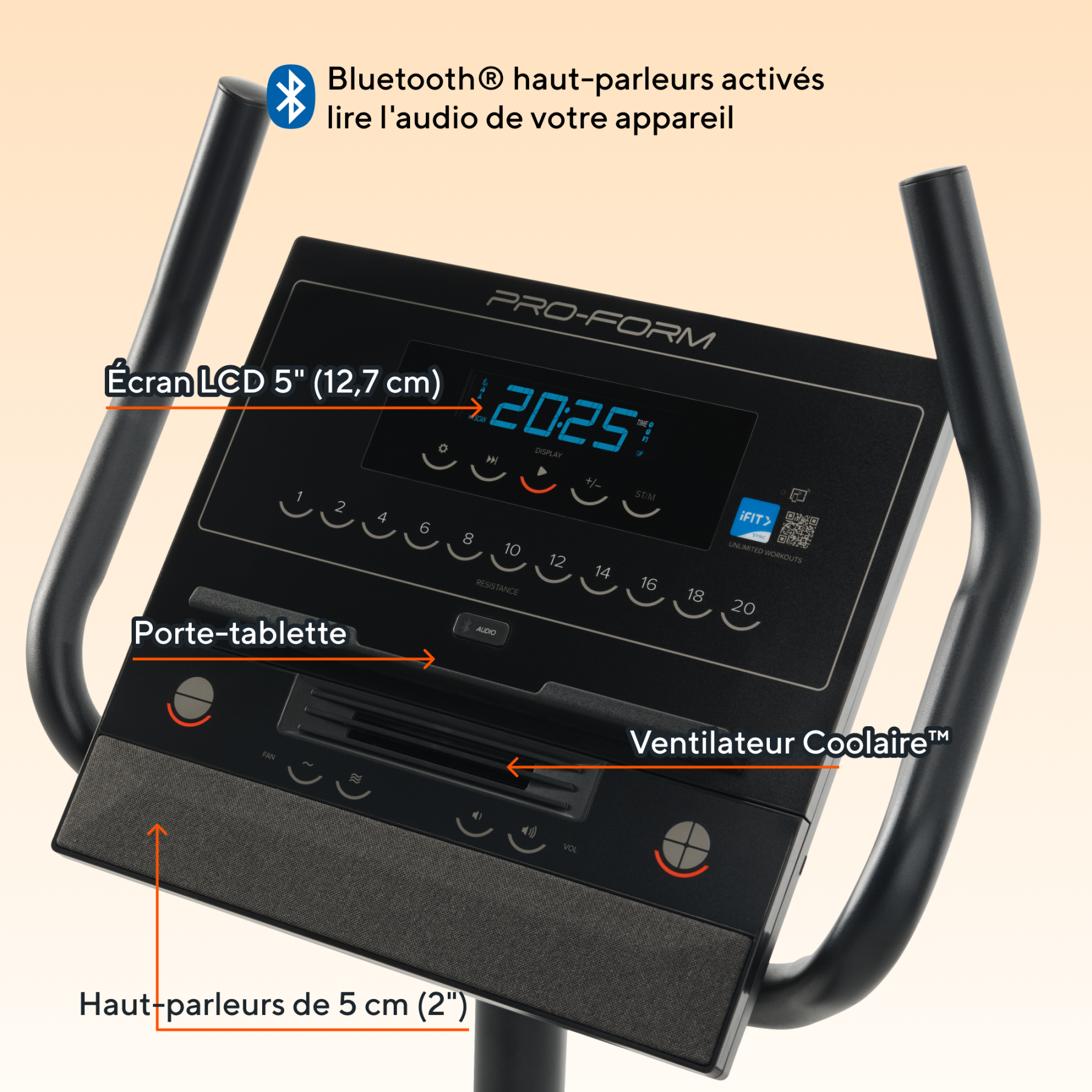 Das Bedienfeld eines Laufbandes mit LCD-Bildschirm, Tasten und Lüfter.