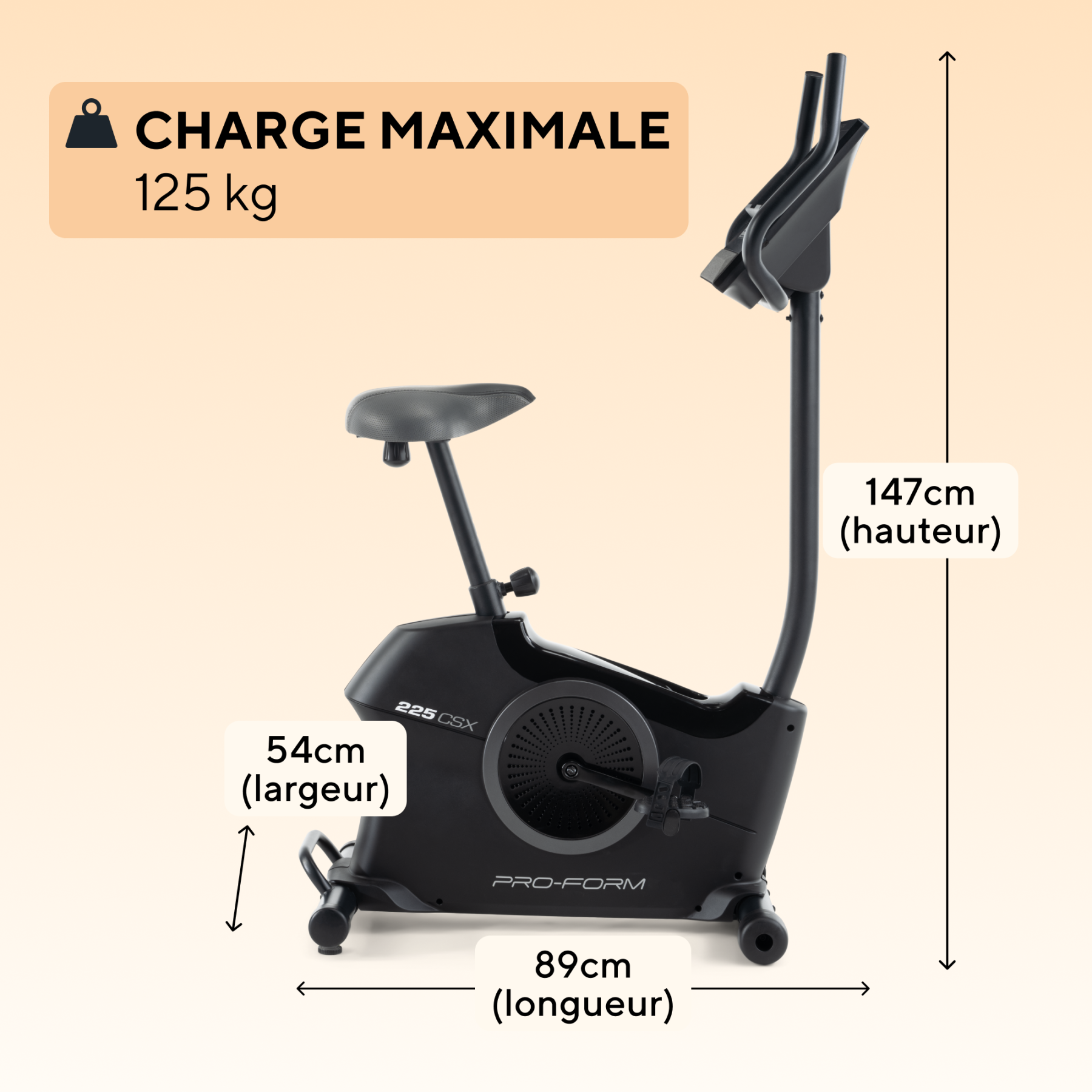 Schwarzes ProForm Fahrrad mit Maßen: 125 kg max. Last, 54 cm Breite, 89 cm Länge, 147 cm Höhe.