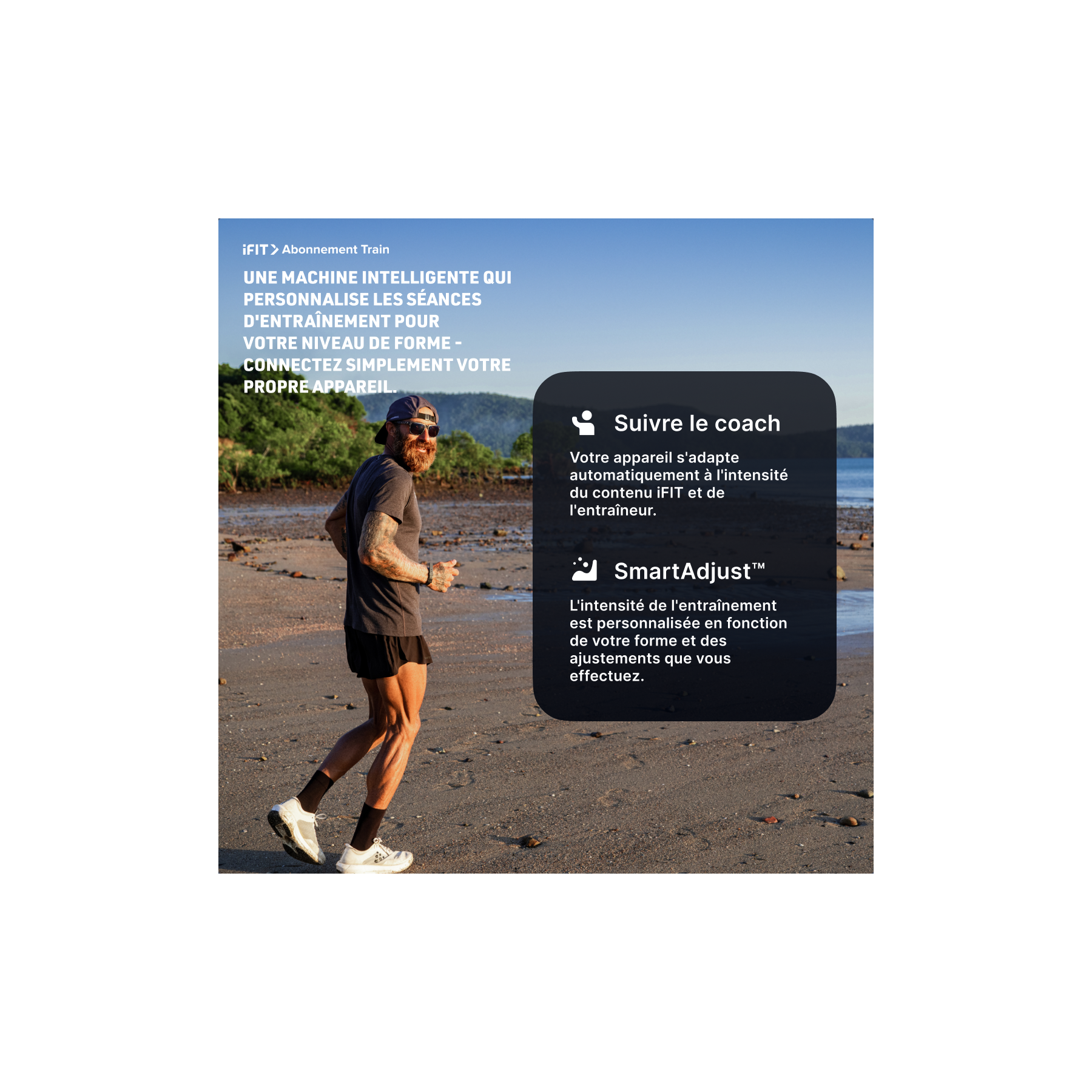 Ein Mann läuft am Strand. Ein Textblock beschreibt iFIT und SmartAdjust.
