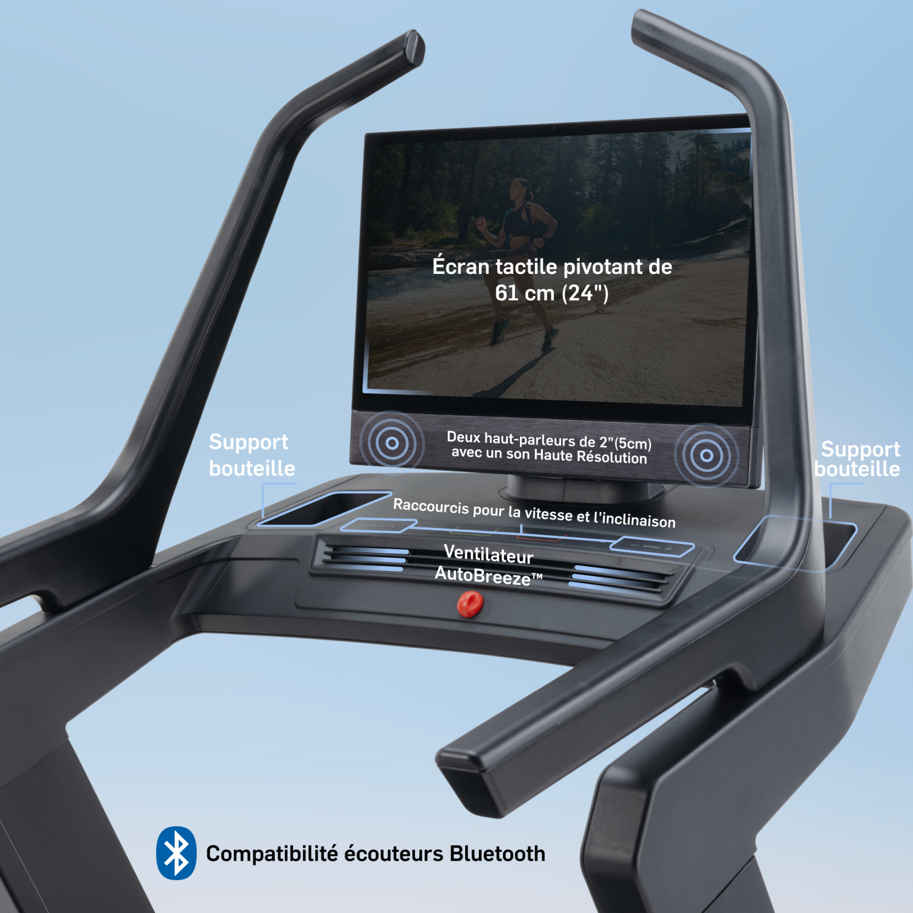 Schwarzes Laufband mit 24-Zoll-Touchscreen, Getränkehaltern und Lüfter.