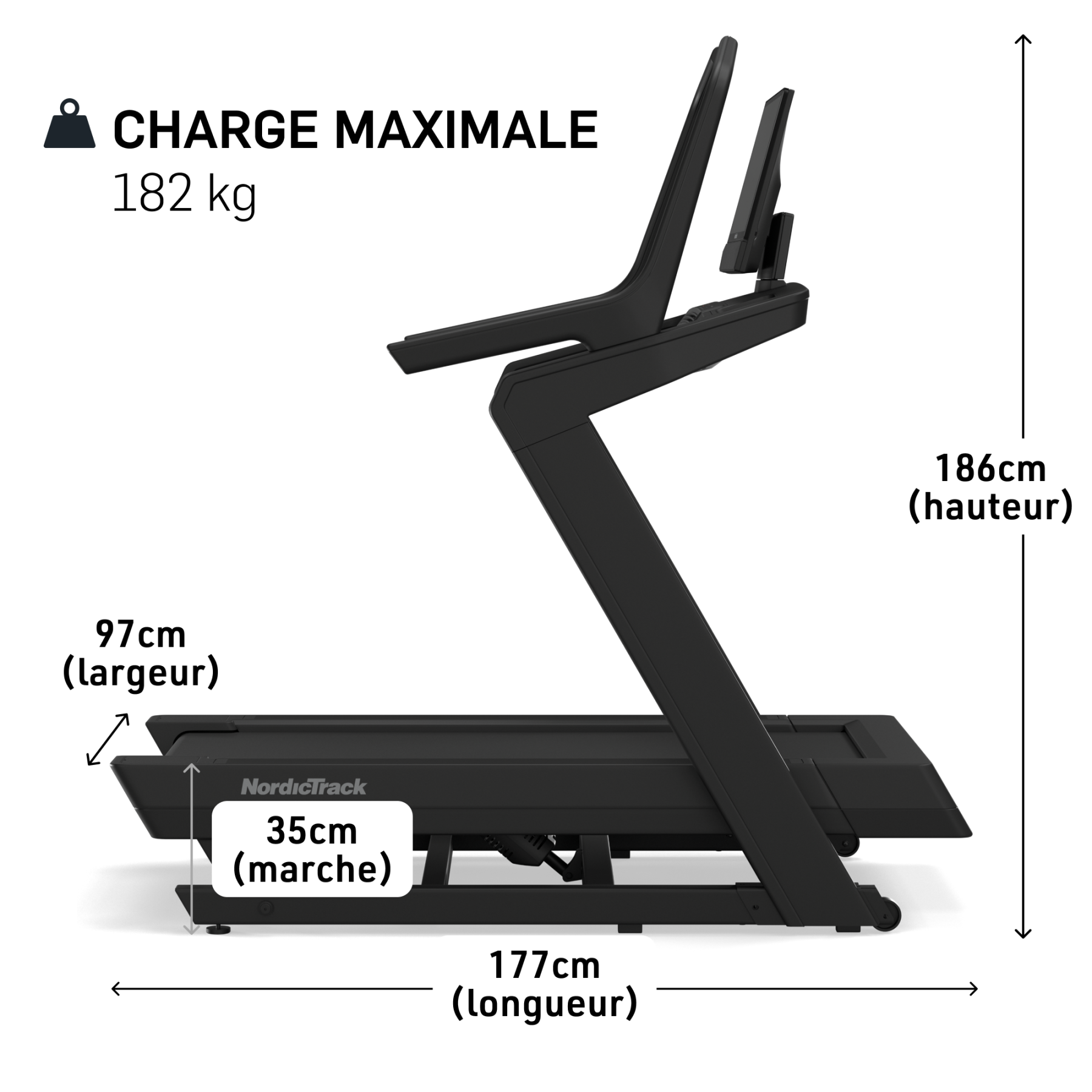 Schwarzer Laufband mit Maßen: 177cm L, 97cm B, 186cm H. Max. Last 182kg.