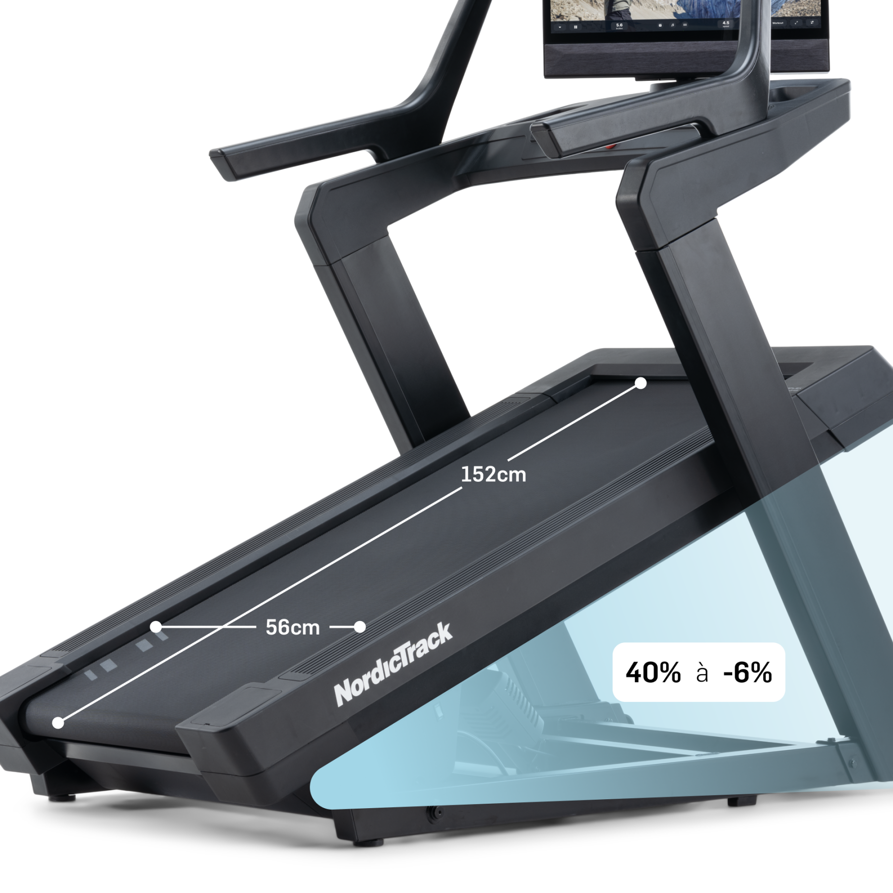 Schwarzes Laufband mit Bildschirm, Maße 152cm und 56cm, Neigung 40% bis -6%.