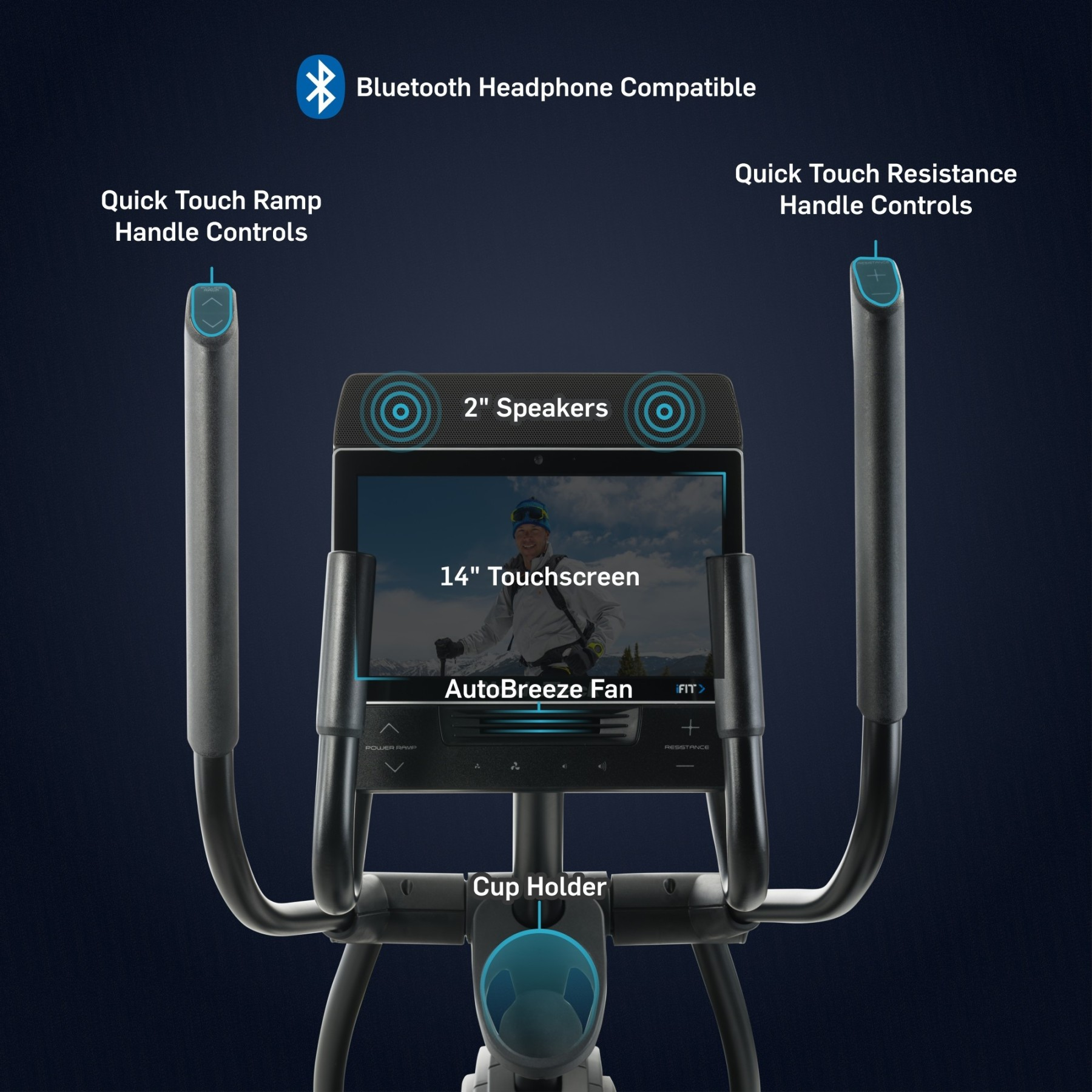 Ellipsentrainer mit 14-Zoll-Touchscreen, Lautsprechern und Griffsteuerungen.