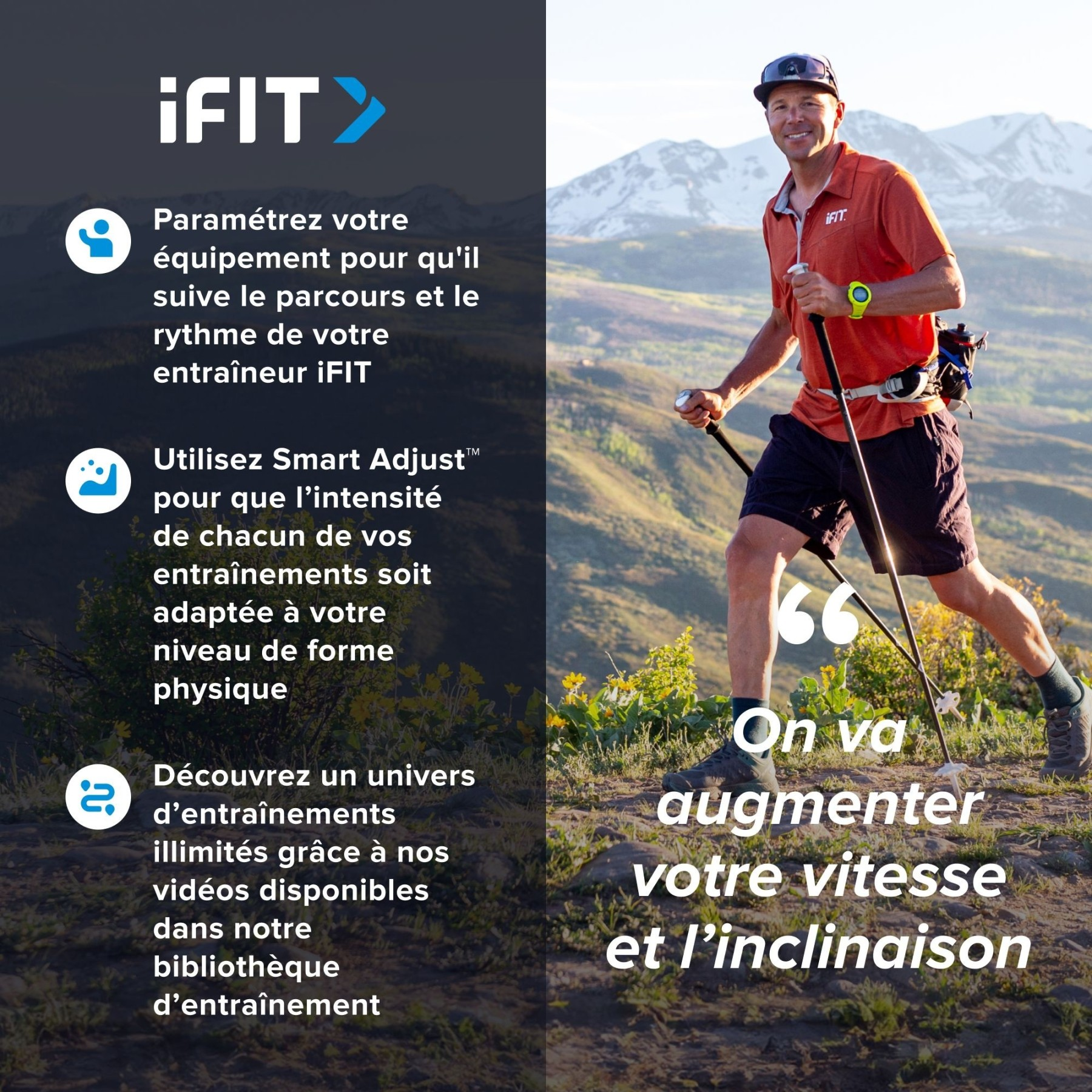 Ein Mann mit Wanderstöcken und einem iFIT-Logo auf dem Shirt wandert in den Bergen.