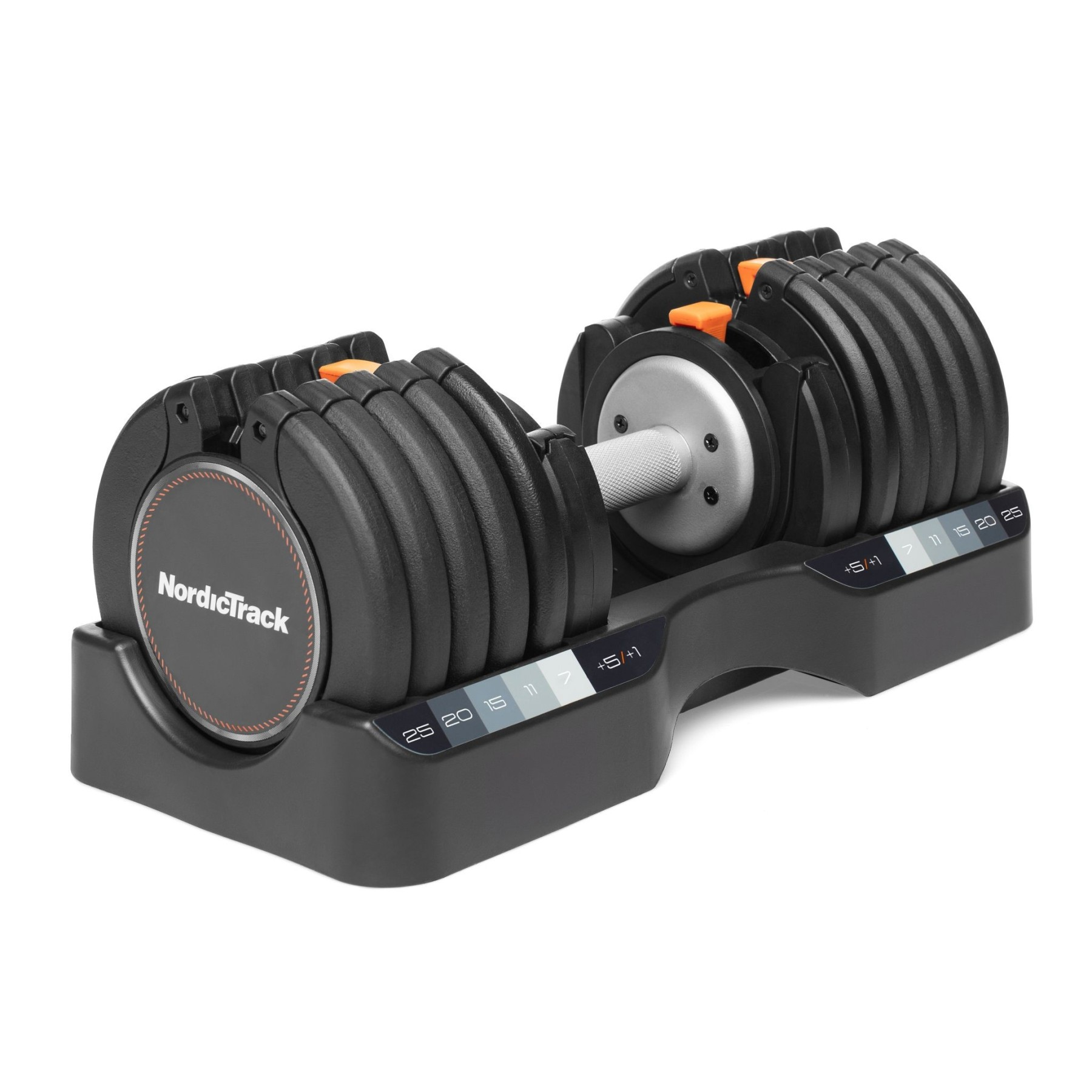 Un manubrio regolabile NordicTrack nero è appoggiato su una base nera.