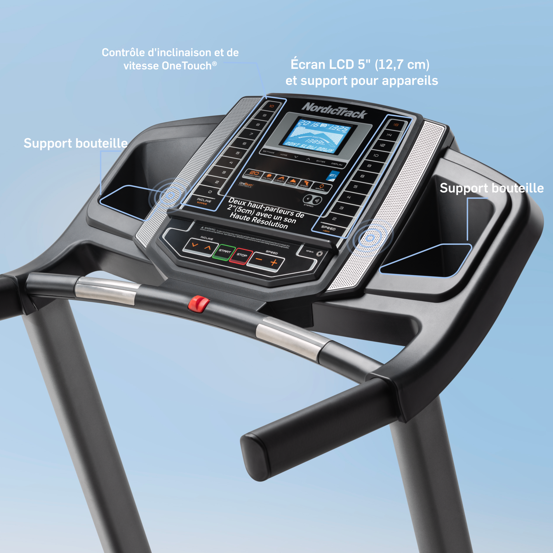 NordicTrack Laufband mit LCD-Bildschirm, Flaschenhaltern und OneTouch-Steuerung.