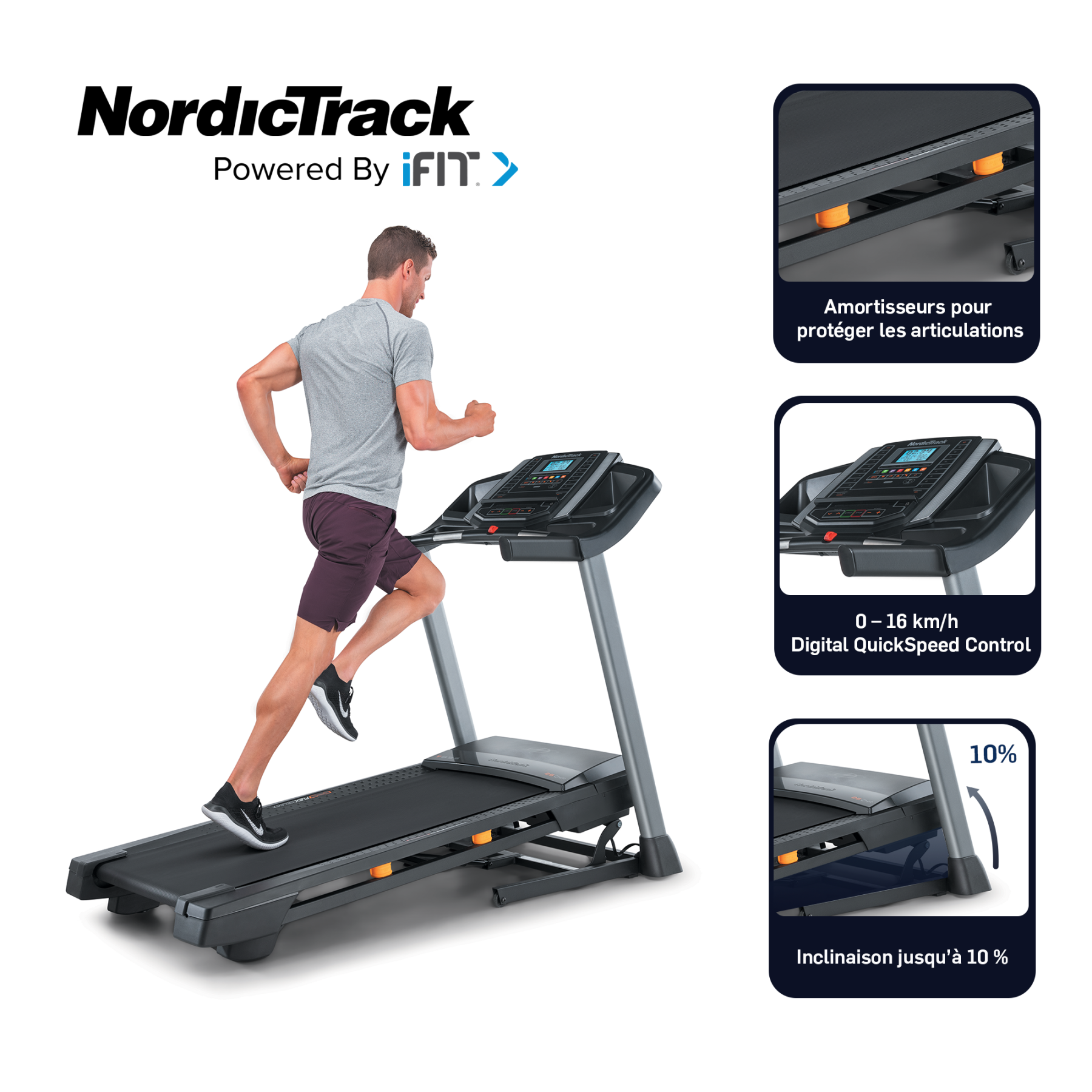 Ein Mann läuft auf einem NordicTrack-Laufband mit iFit-Technologie, das Dämpfung zeigt.