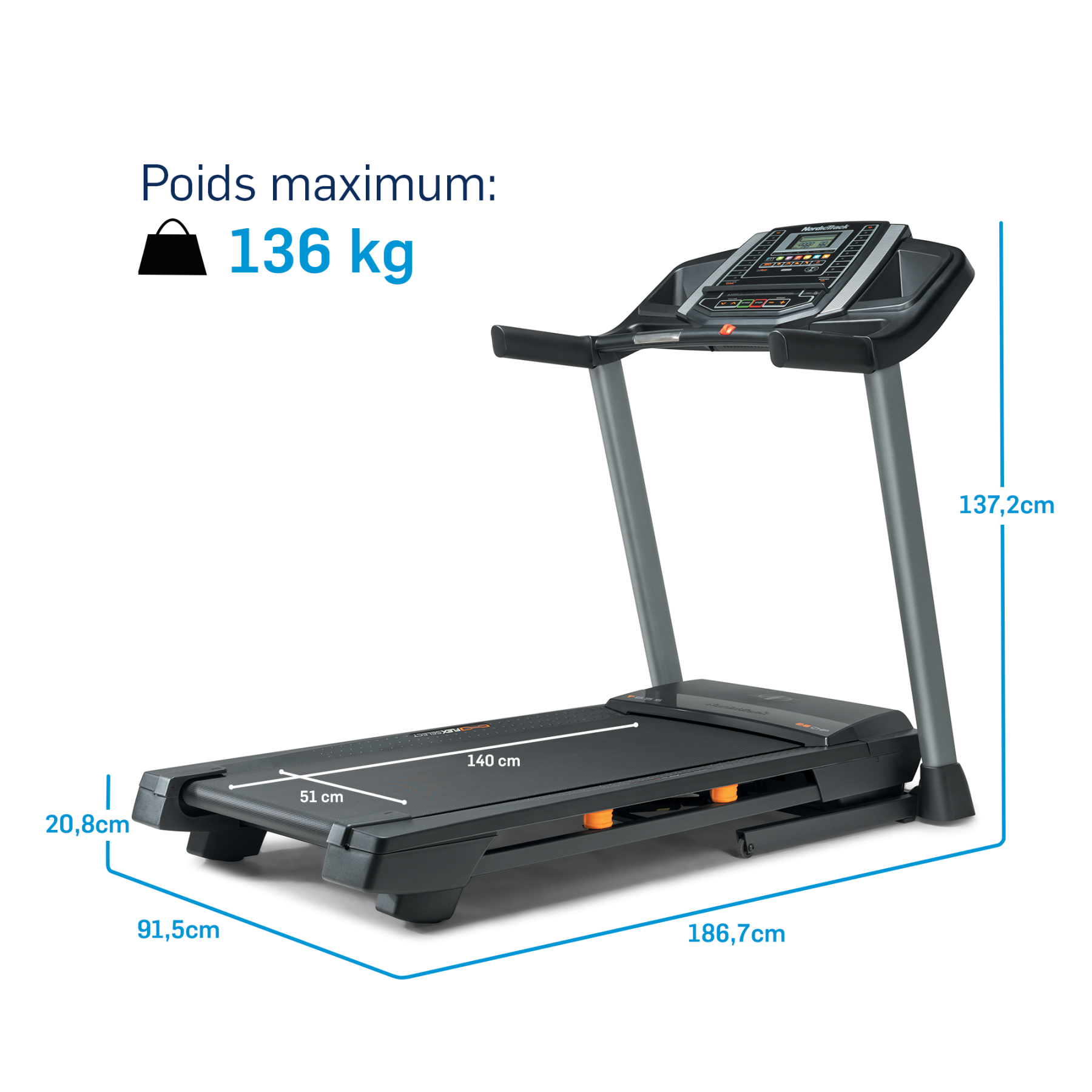 Ein schwarzes Laufband mit digitaler Konsole und Maßen.