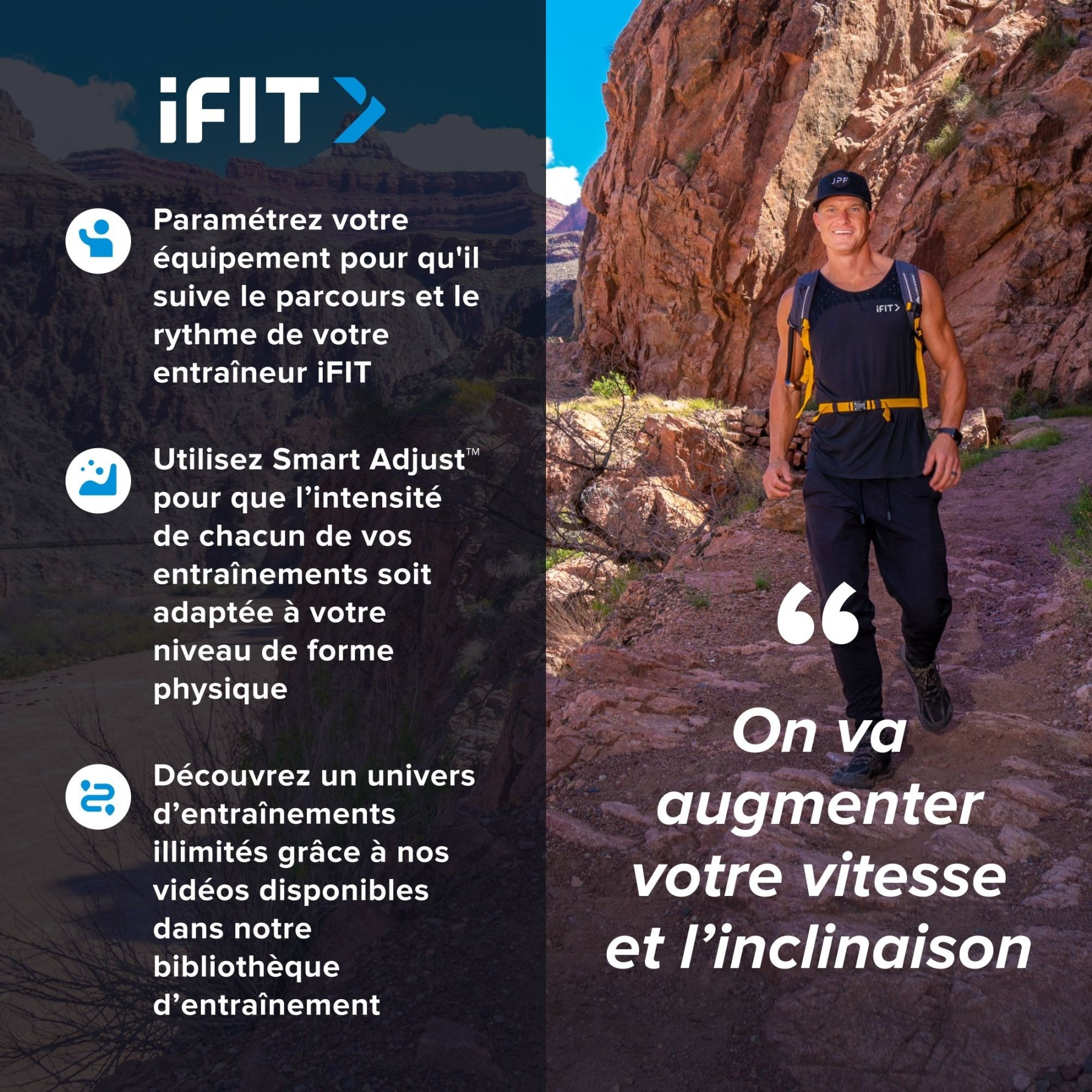 Mann wandert in Schlucht, iFIT Logo und Trainingsinfos.