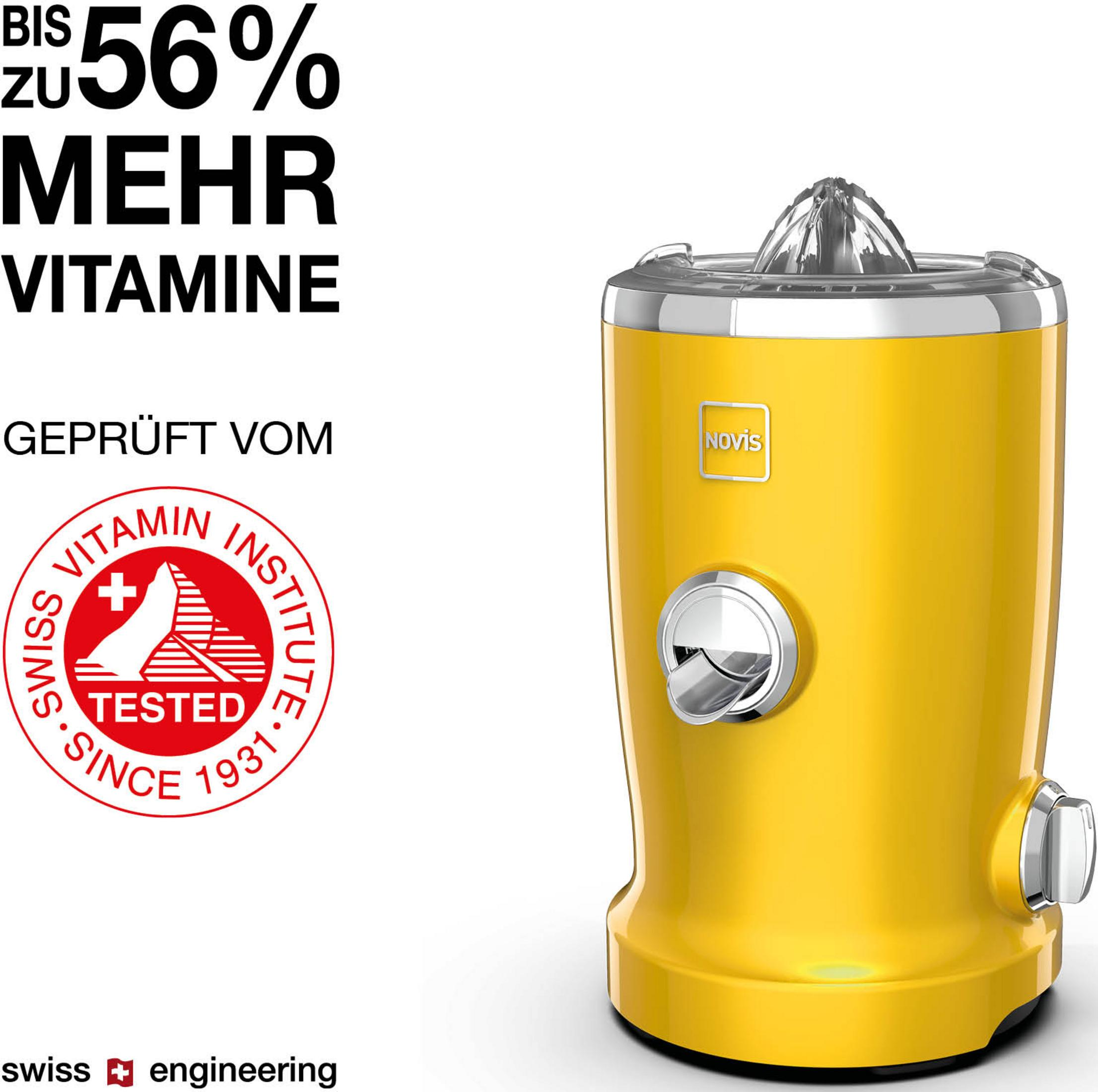 Gelber Entsafter mit "56% Mehr Vitamine" und Schweizer Siegel.