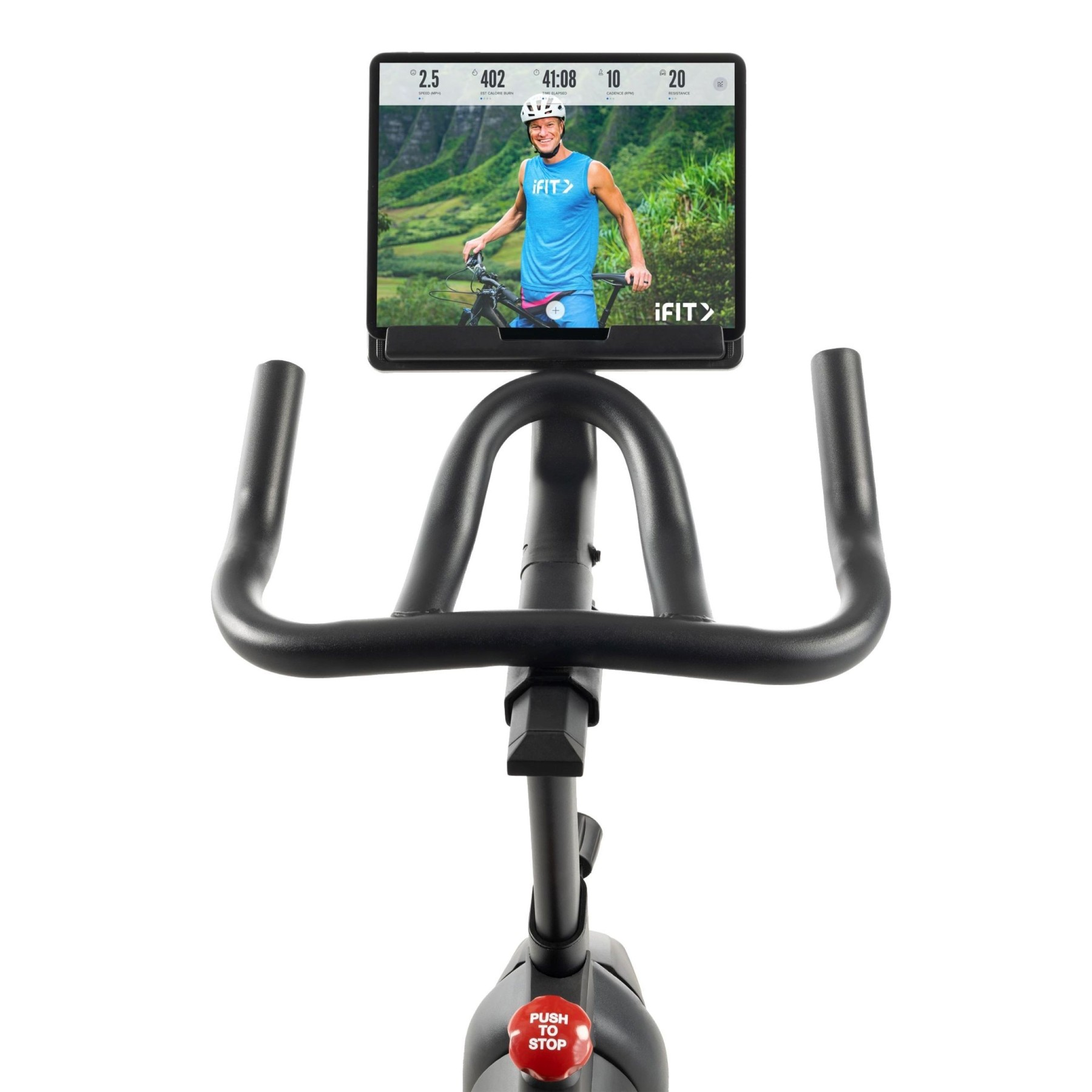 Mężczyzna na rowerze w zielonym krajobrazie jest wyświetlany na ekranie tabletu.