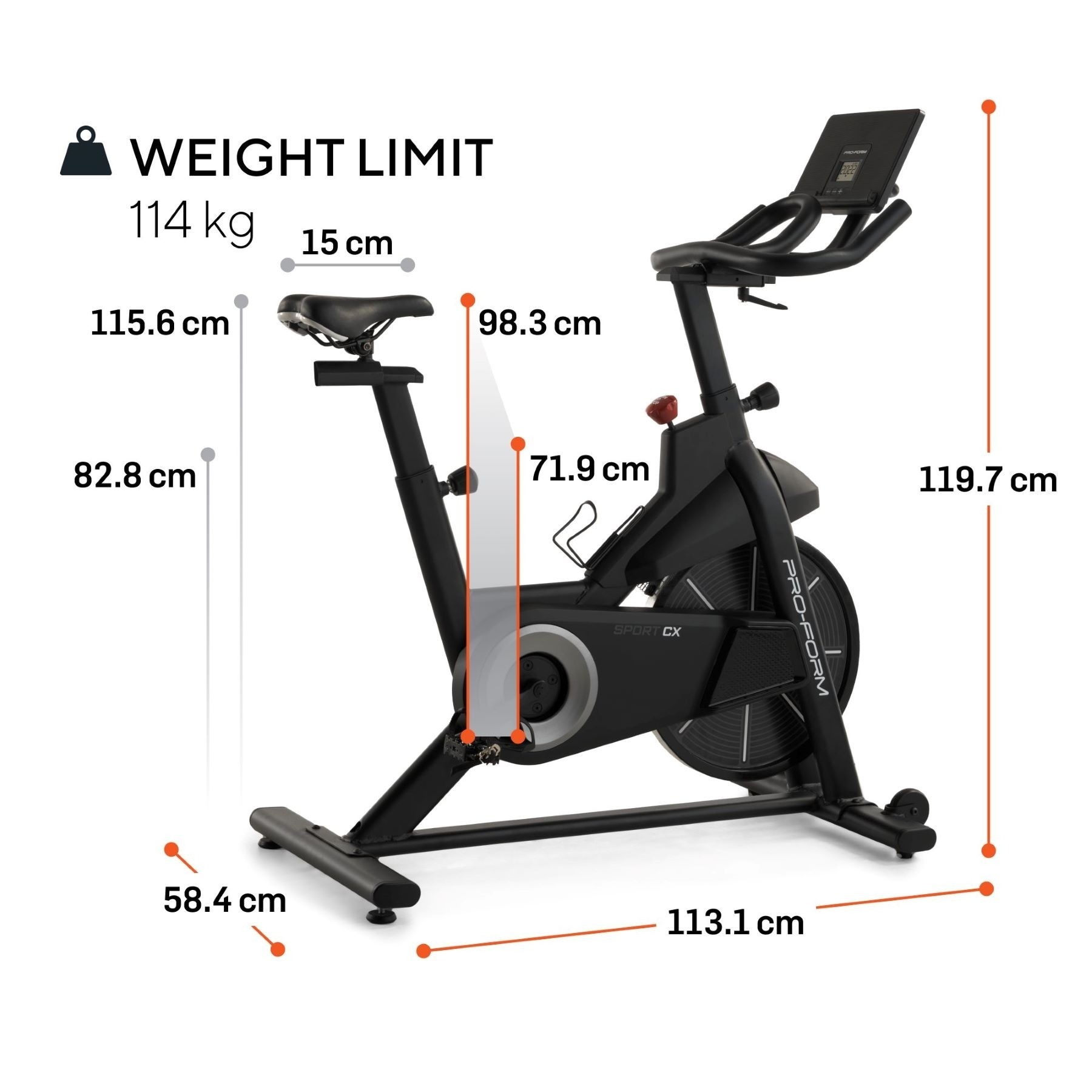 Czarny rower stacjonarny z wymiarami: Wysokość 119,7 cm, Długość 113,1 cm.