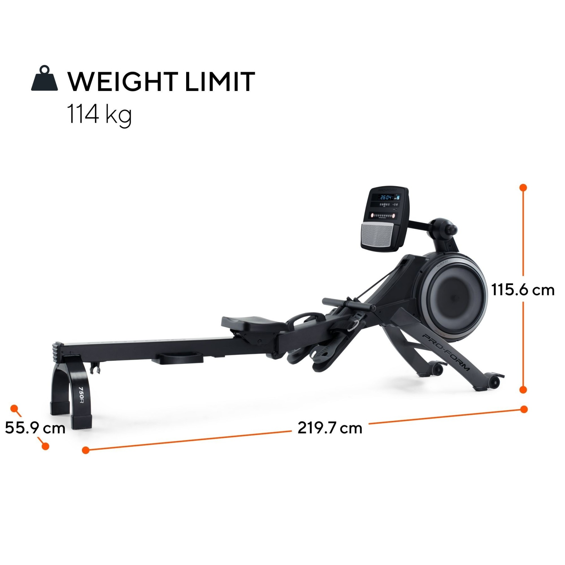Schwarze ProForm 750R Rudermaschine. Maße: 219,7cm L, 55,9cm B, 115,6cm H. Gewichtslimit: 114kg.