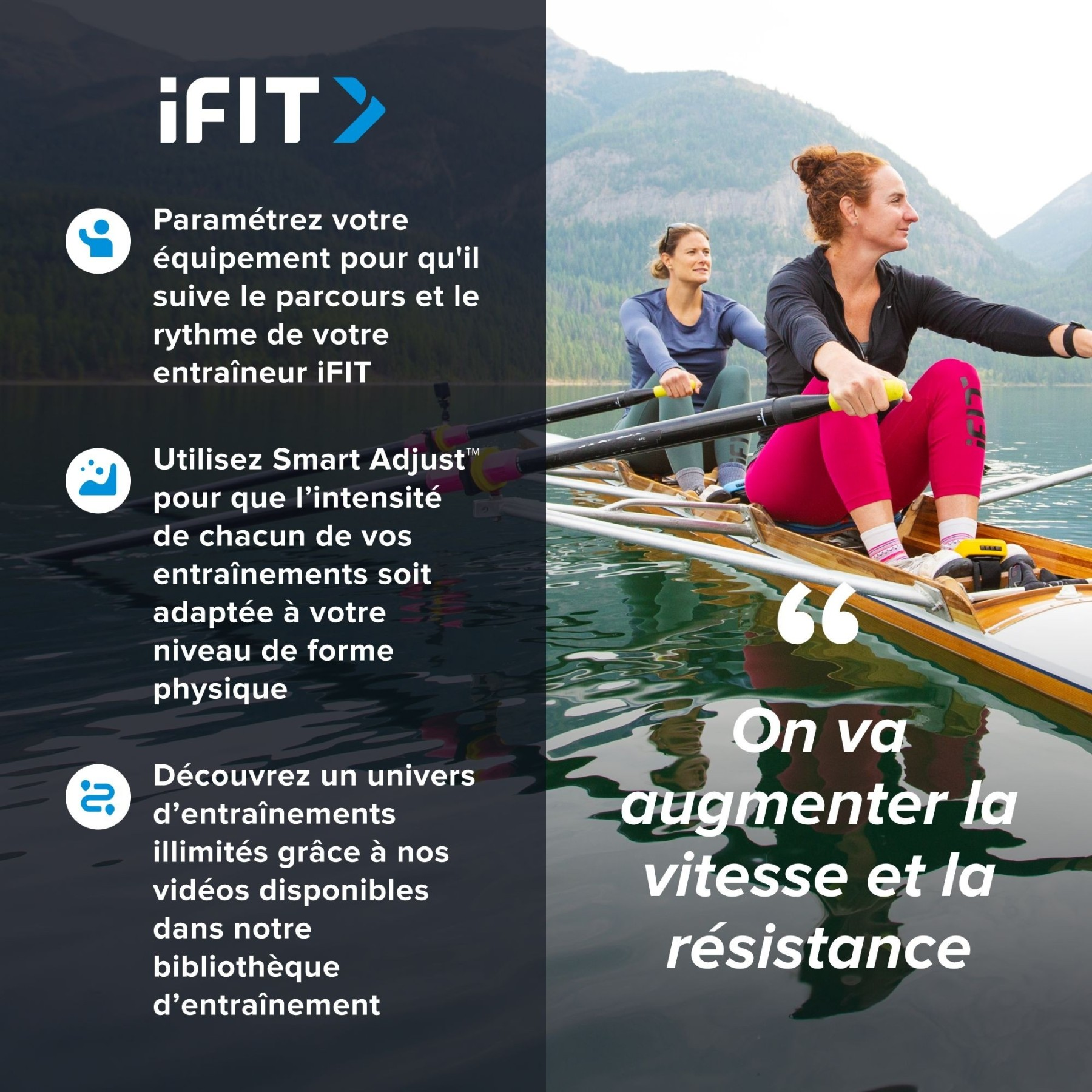 Zwei Frauen rudern auf einem See, Berge im Hintergrund. iFIT-Logo oben.