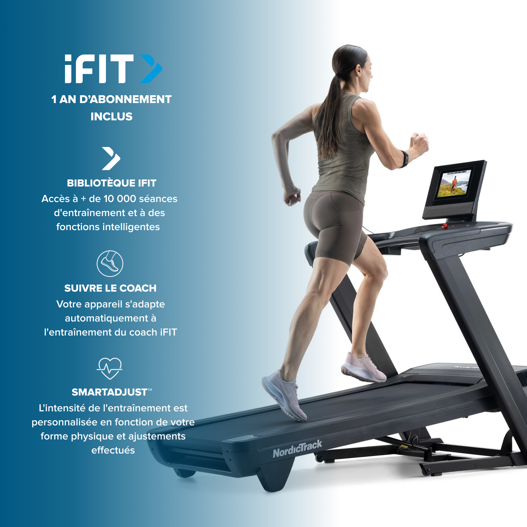 Eine Frau auf einem NordicTrack-Laufband mit iFIT-Anzeige. Sie trägt ein Tanktop und Shorts.