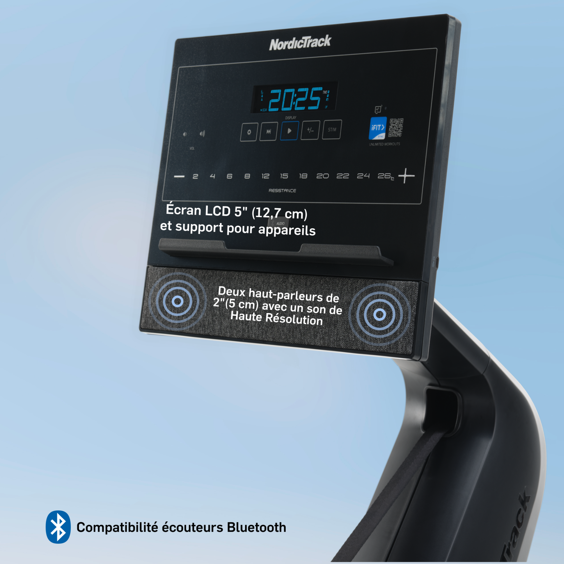 NordicTrack Konsole mit 5-Zoll-LCD, Lautsprechern und Bluetooth.