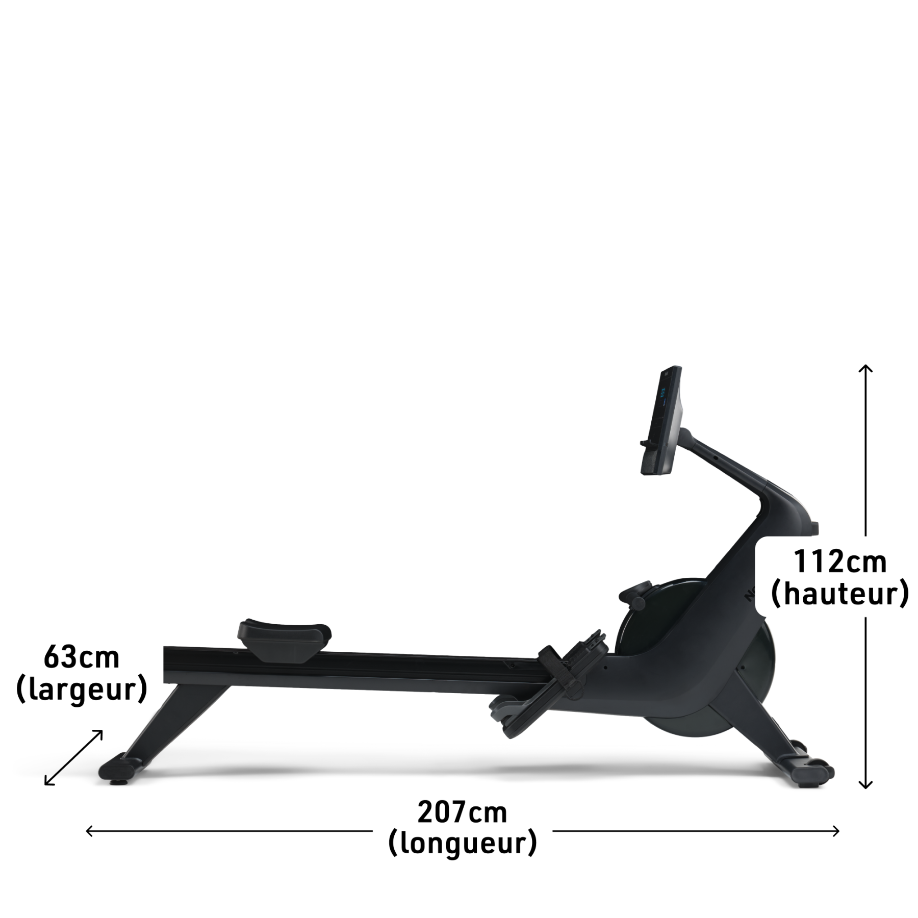 Schwarzes Rudergerät mit Display. Maße: 207cm (Länge), 63cm (Breite), 112cm (Höhe).