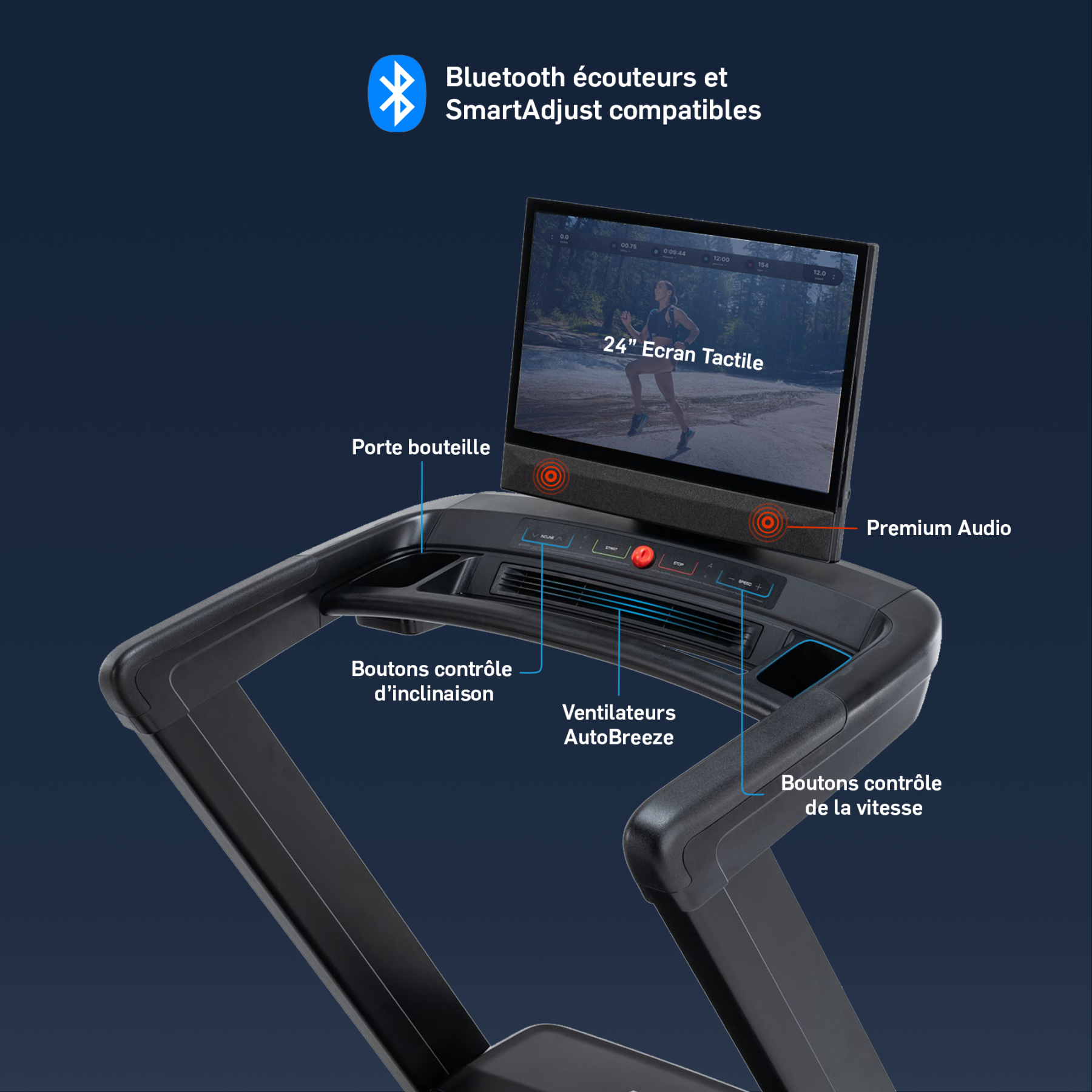 Ein schwarzes Laufband mit großem Touchscreen, Getränkehalter und Steuerelementen.