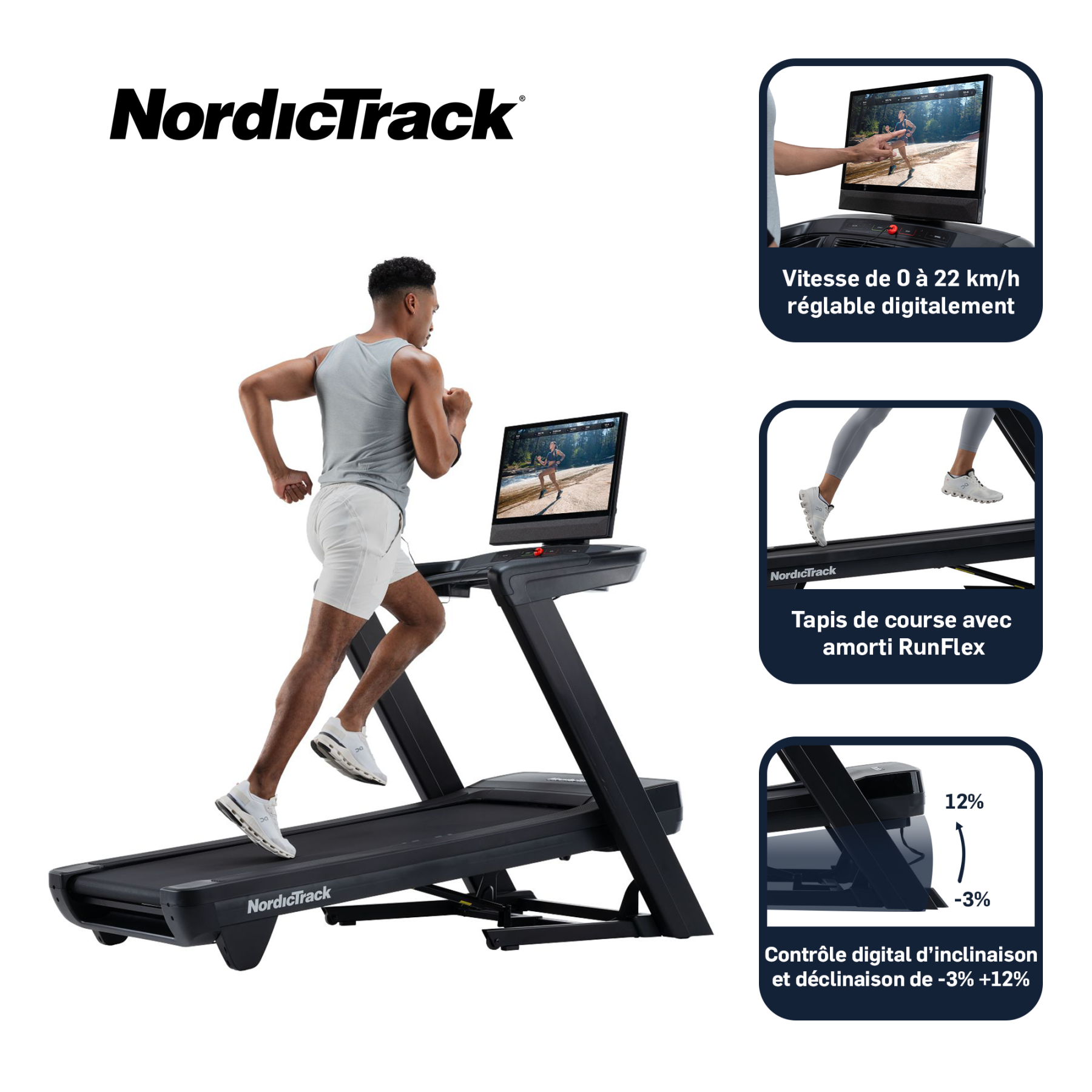 Mann läuft auf Laufband; Geschwindigkeit 0-22 km/h, Neigung -3% bis +12%.