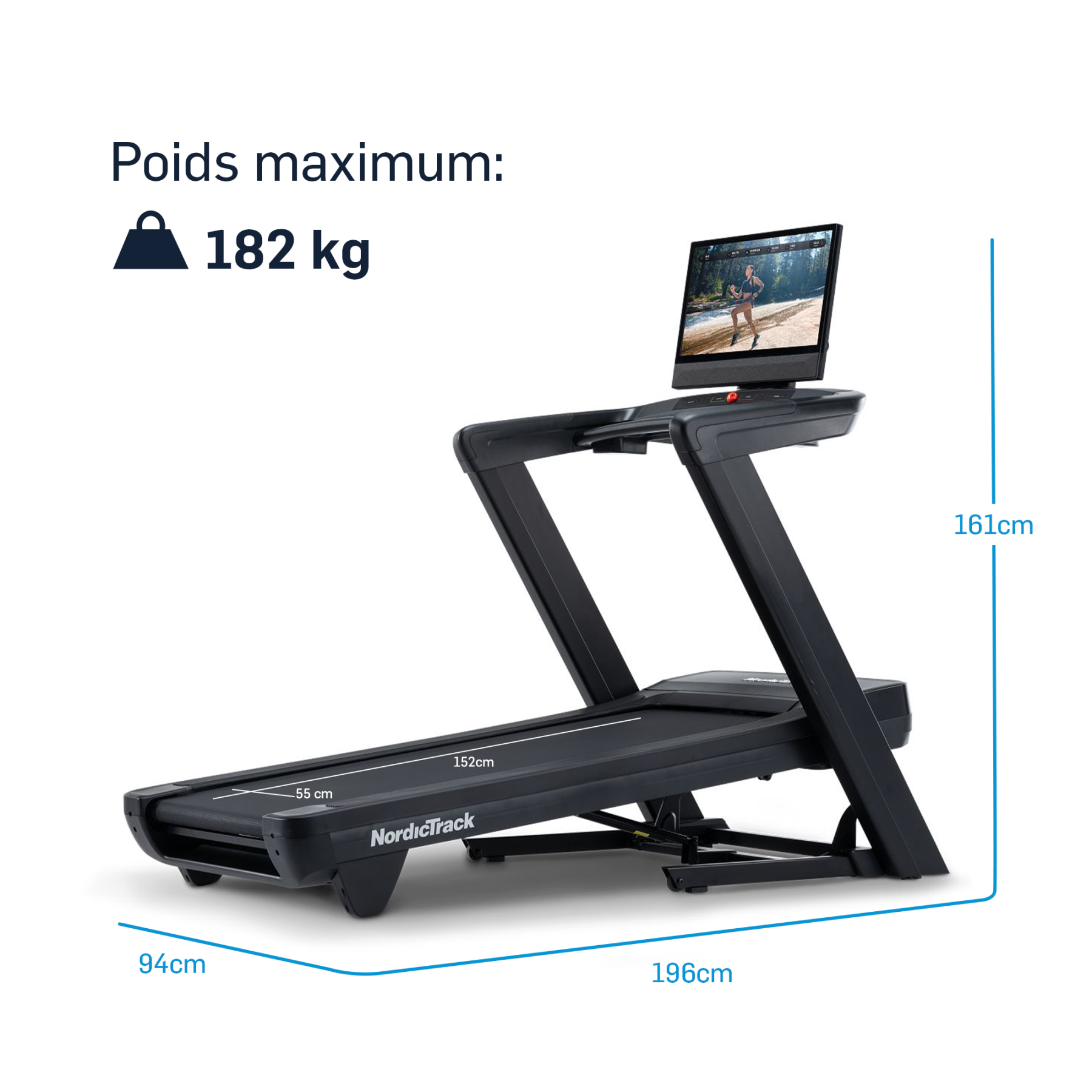 Schwarzes Laufband mit Bildschirm, maximale Belastung 182 kg.