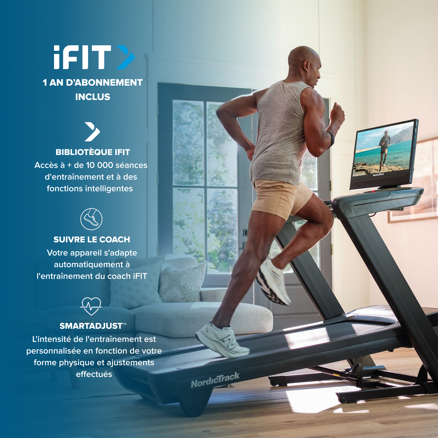 Mann auf Laufband mit iFIT-Werbung. Ein Mann läuft auf einem Laufband, das auf einem Bildschirm einen Läufer im Freien zeigt.