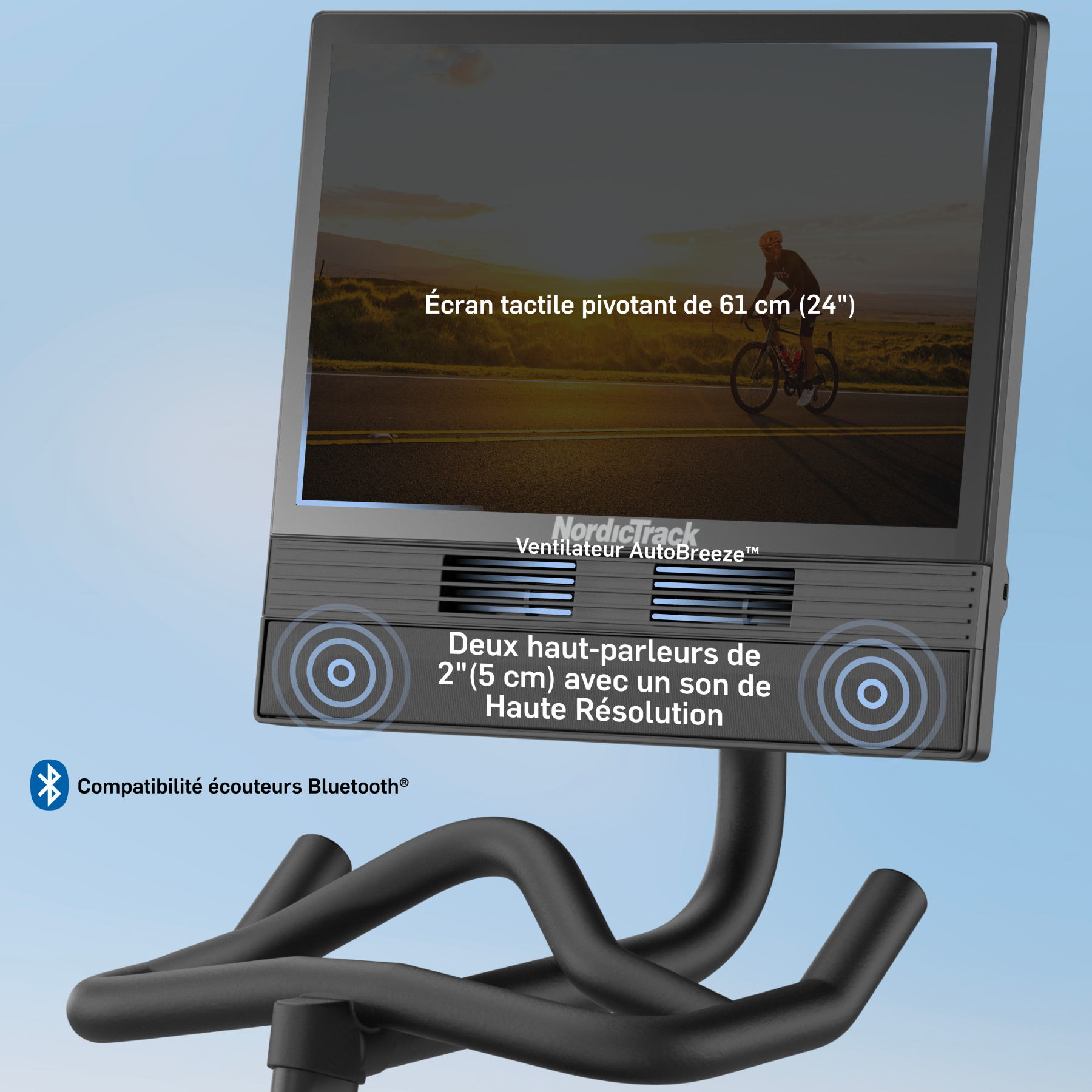 NordicTrack Fahrrad mit 24" Touchscreen, Lautsprechern und Bluetooth.