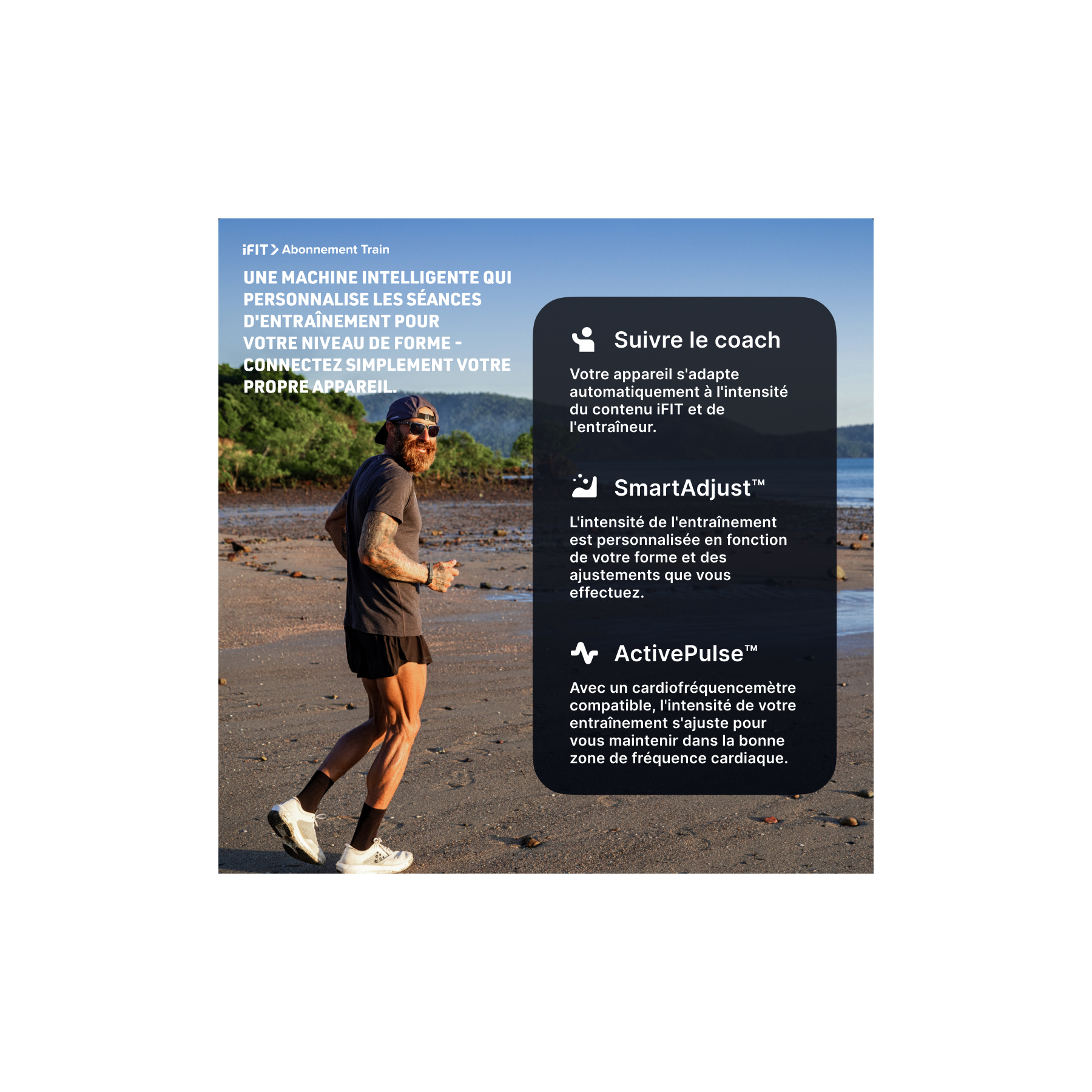 Ein Mann läuft am Strand. Text beschreibt iFIT Trainingsfunktionen.