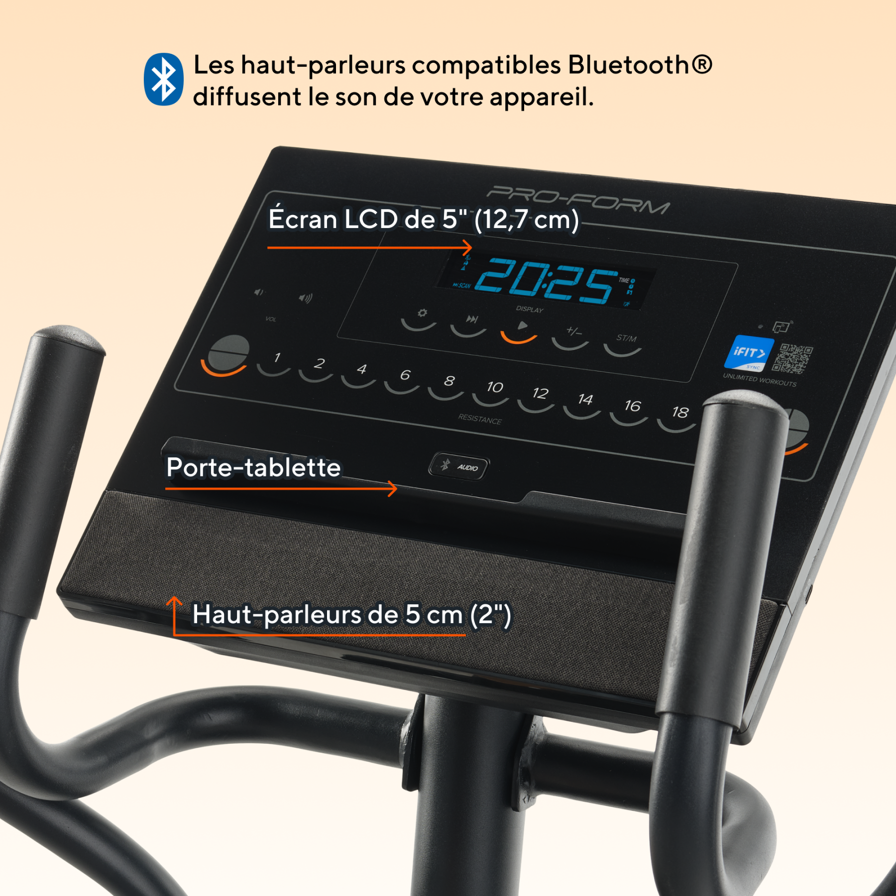 Das Bedienfeld eines Heimtrainers mit LCD-Bildschirm, Tasten und Lautsprechern.