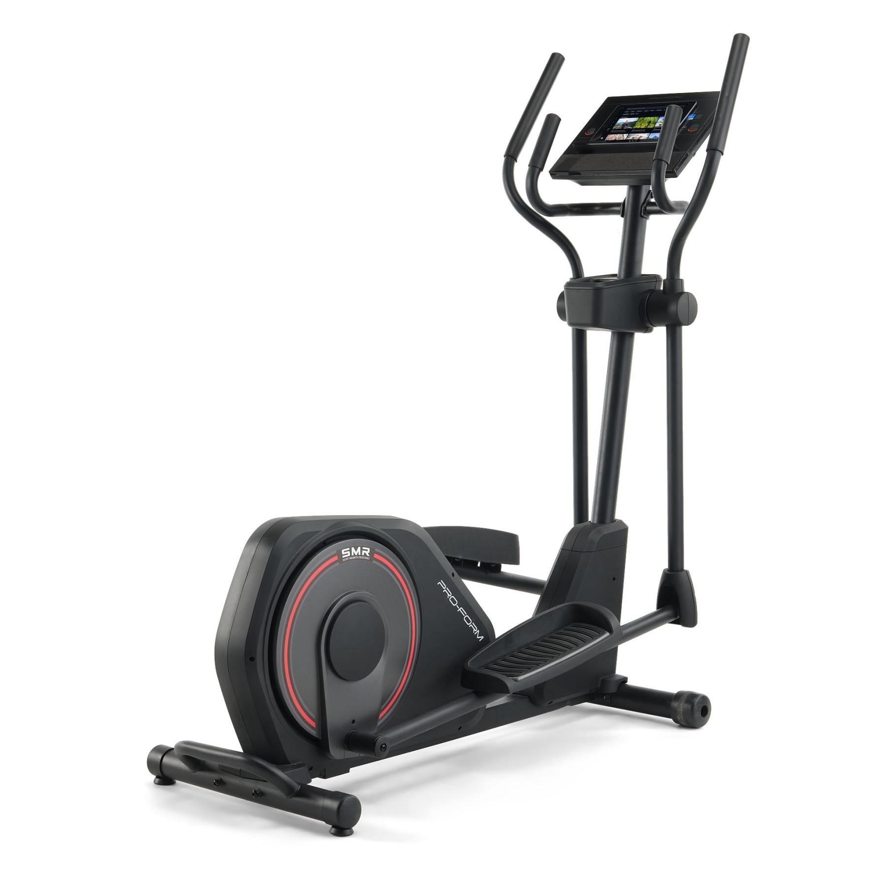 Schwarzes Ellipsentrainer-Fitnessgerät mit digitalem Bildschirm und roten Akzenten.