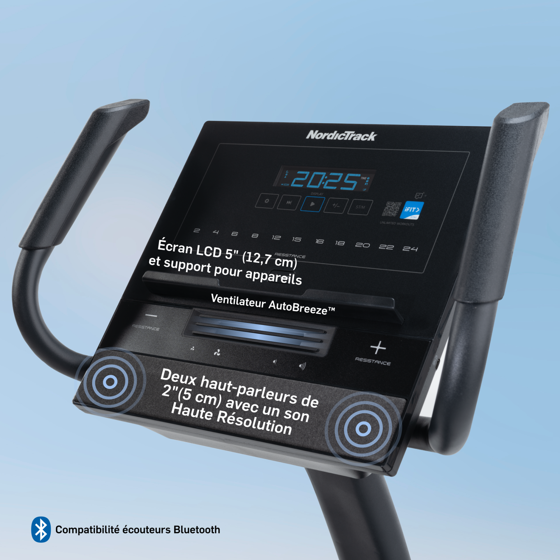 NordicTrack Fahrradkonsole mit 5-Zoll-LCD-Bildschirm, Lüfter, Lautsprechern und Bluetooth.