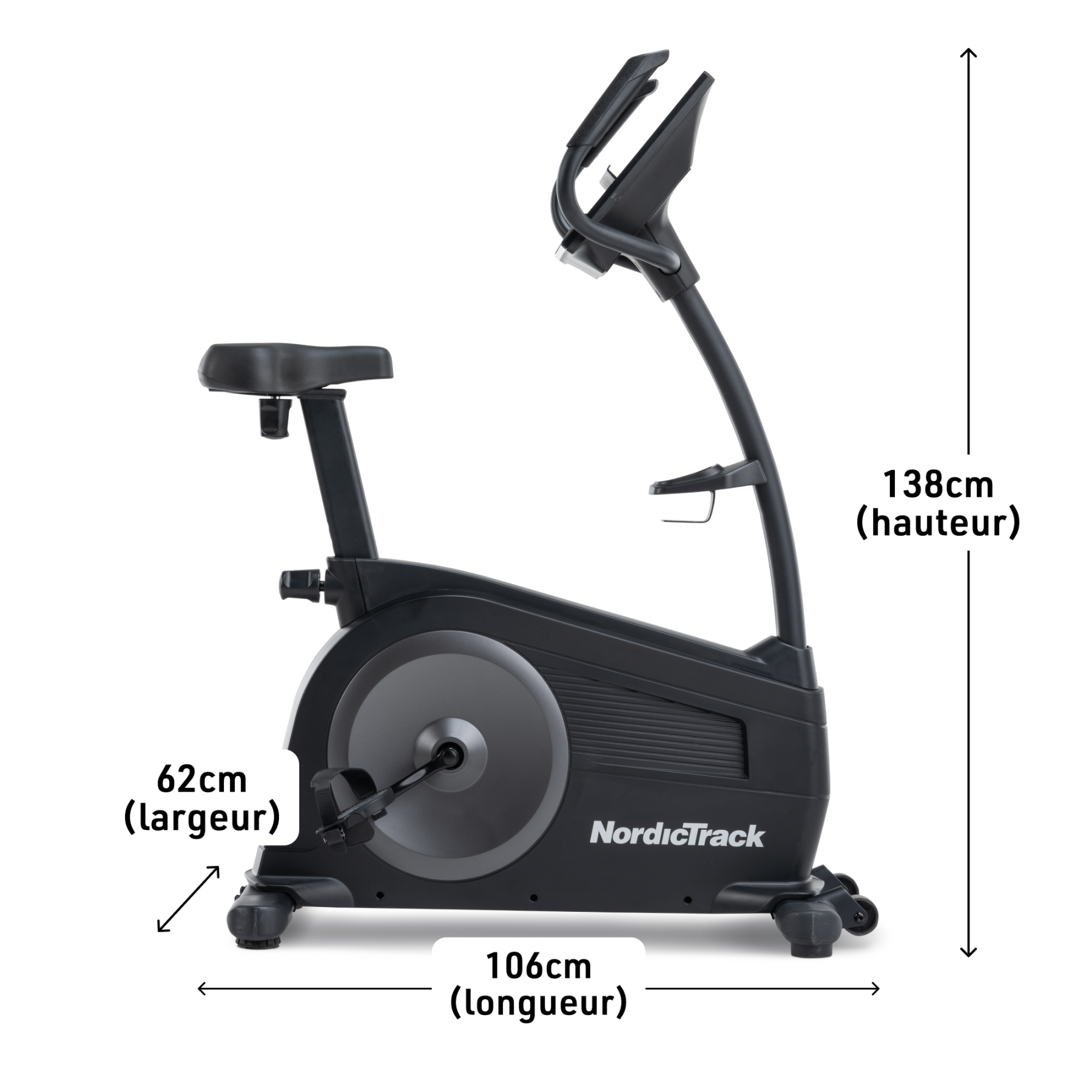 Schwarzes NordicTrack-Heimtrainer mit Maßen: 106cm Länge, 62cm Breite, 138cm Höhe.