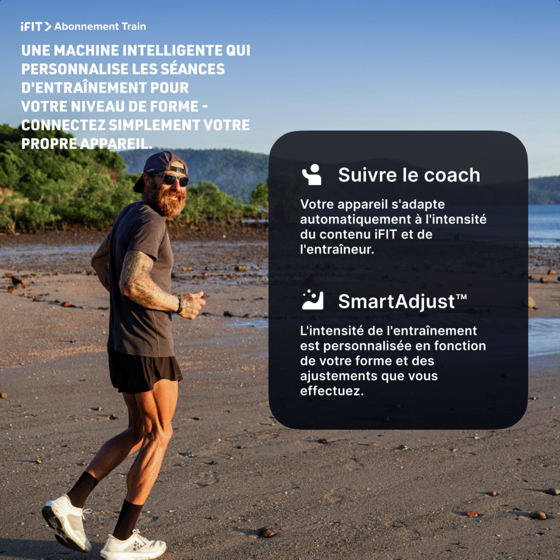 Ein Mann läuft am Strand, mit Text über iFIT-Trainingsanpassung.