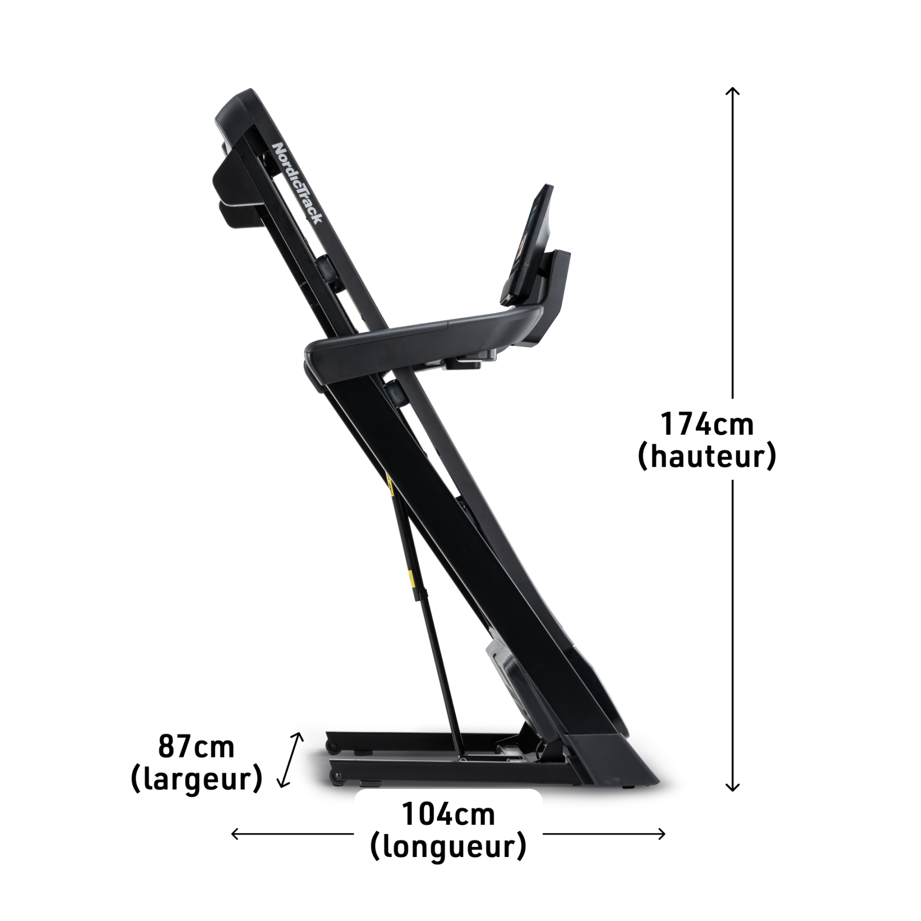 Schwarzes Laufband mit Maßen: Höhe 174cm, Breite 87cm, Länge 104cm.