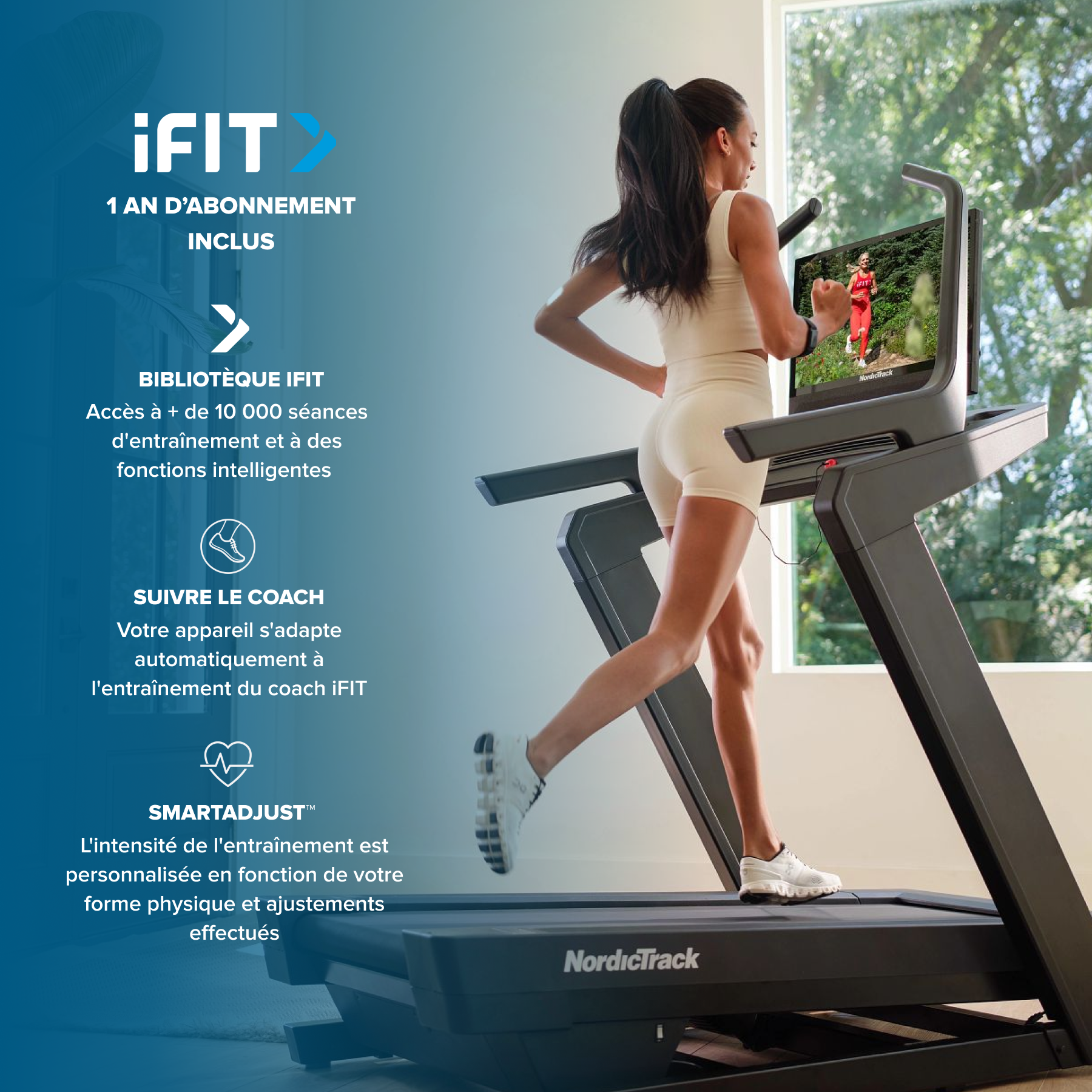 Eine Frau trainiert auf einem NordicTrack-Laufband mit iFIT-Display.