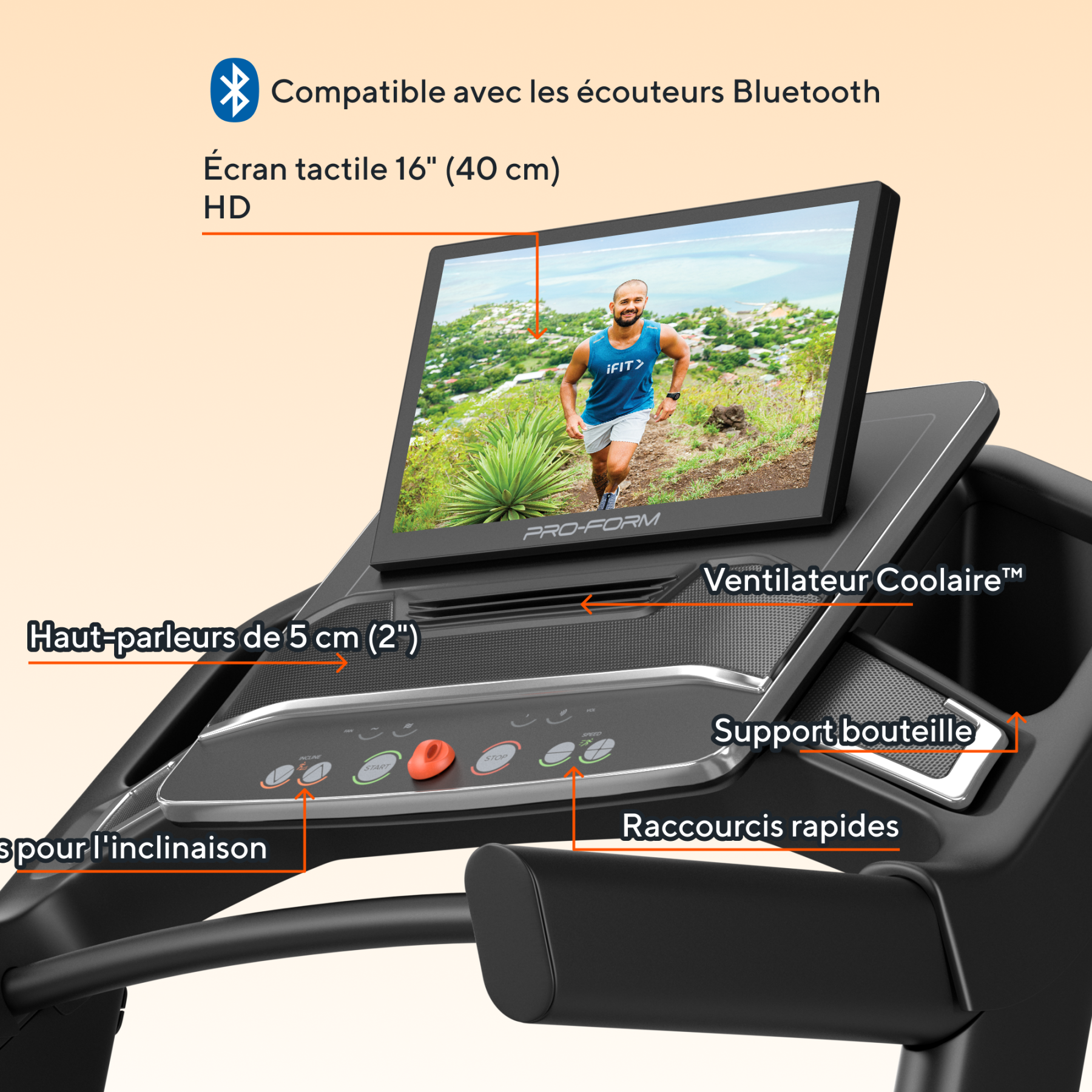 Laufband mit 16-Zoll-Touchscreen, Bluetooth, Lautsprechern und Lüfter.
