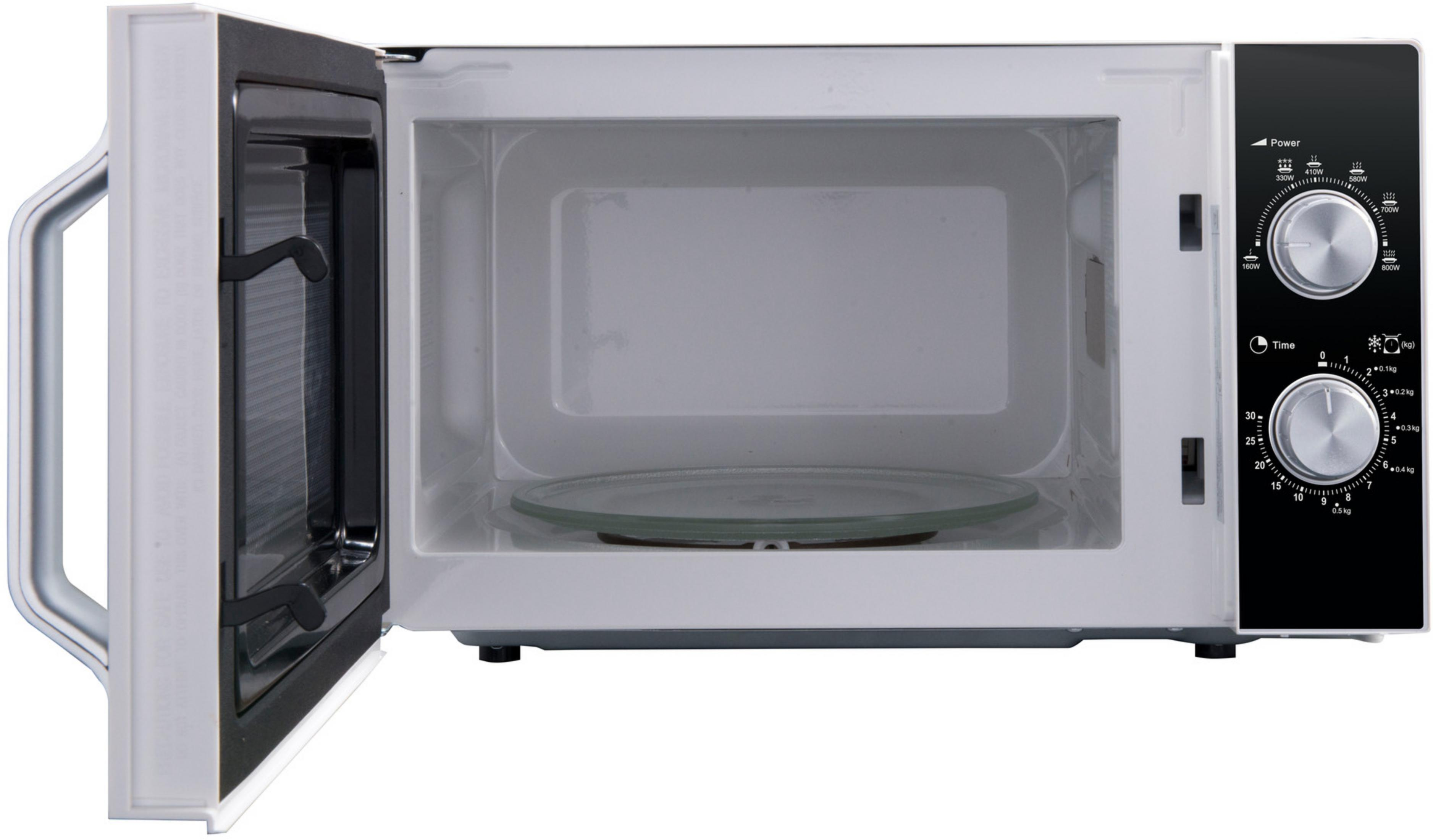 Interior de microondas blanco abierto con plato giratorio de cristal y panel negro.