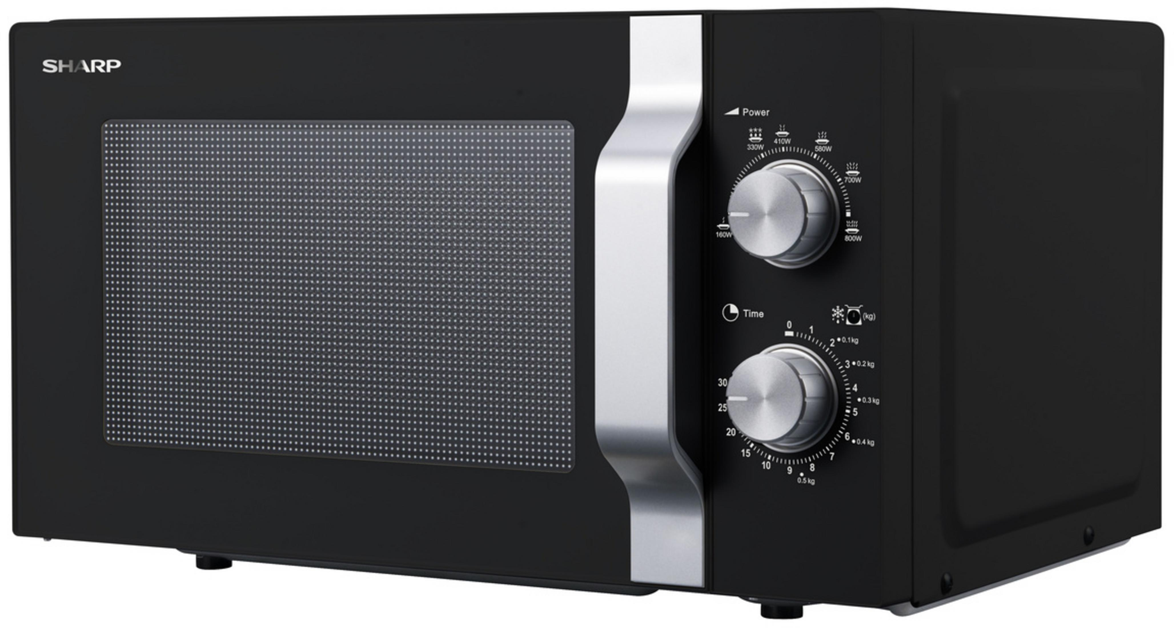 Microondas Sharp negro con diales giratorios para potencia y tiempo.