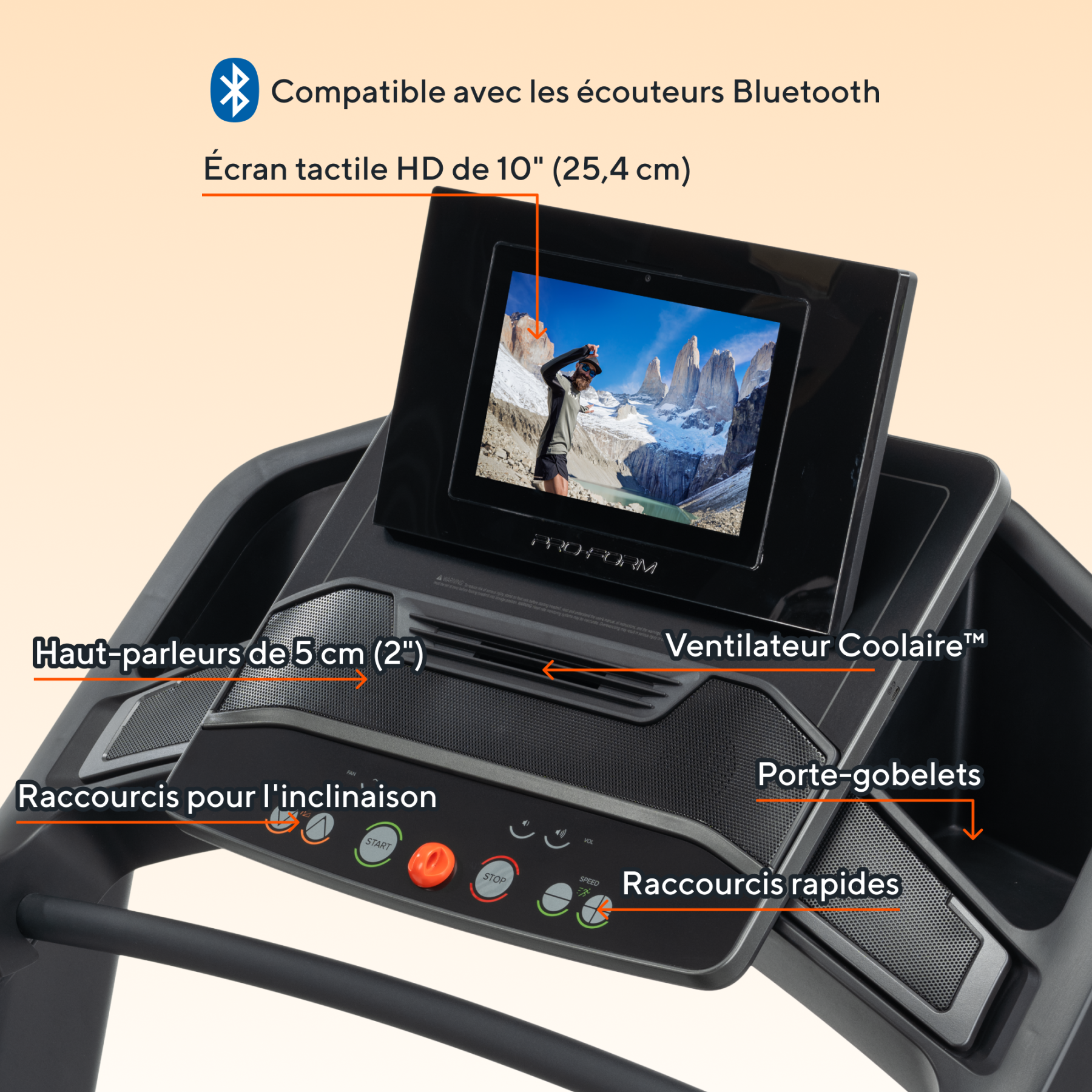 Bieżnia z 10-calowym ekranem dotykowym HD, Bluetooth, głośnikami, wentylatorem i uchwytami na kubki.