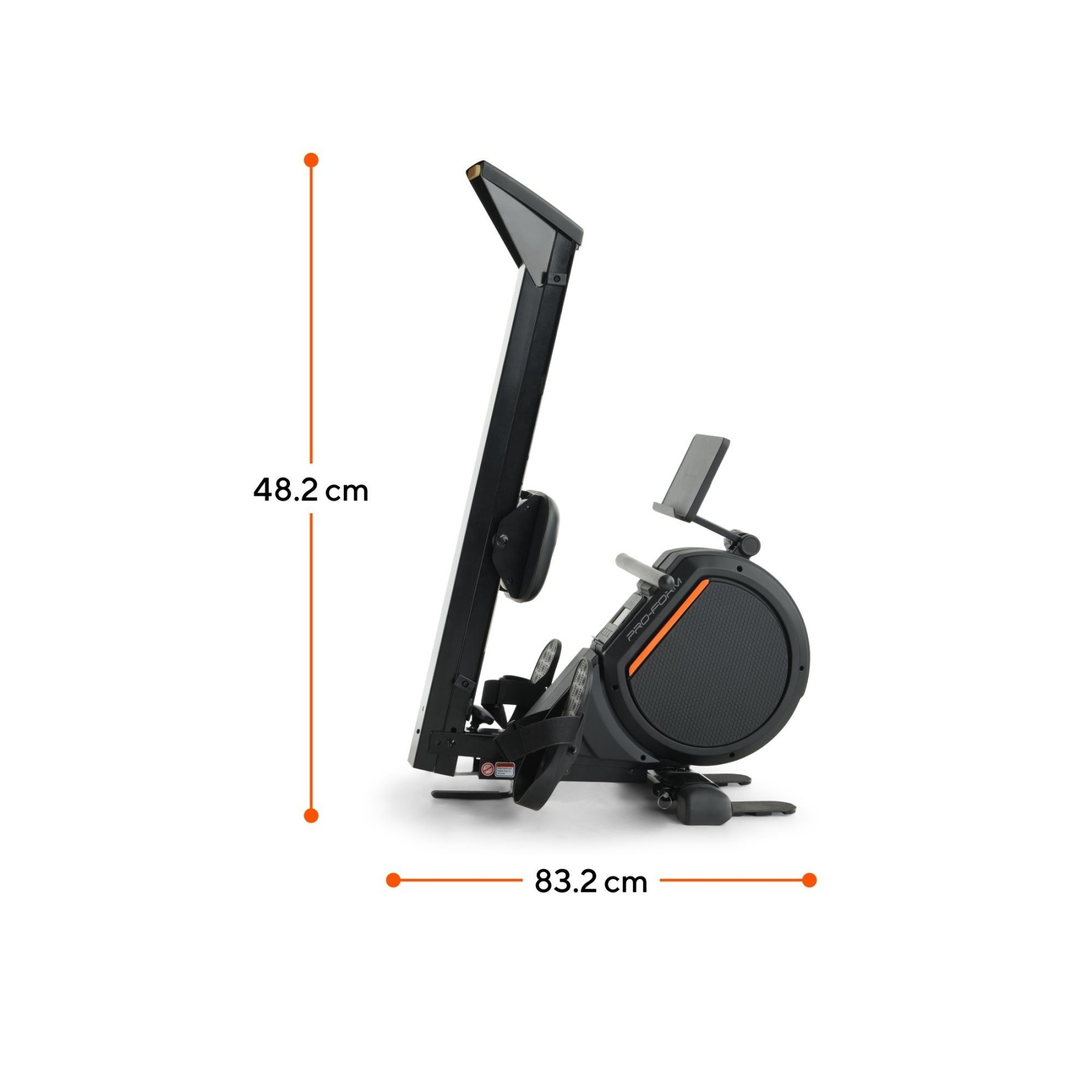 Schwarzes Rudergerät mit orangen Akzenten und Display. Maße: 48,2 cm H, 83,2 cm B.