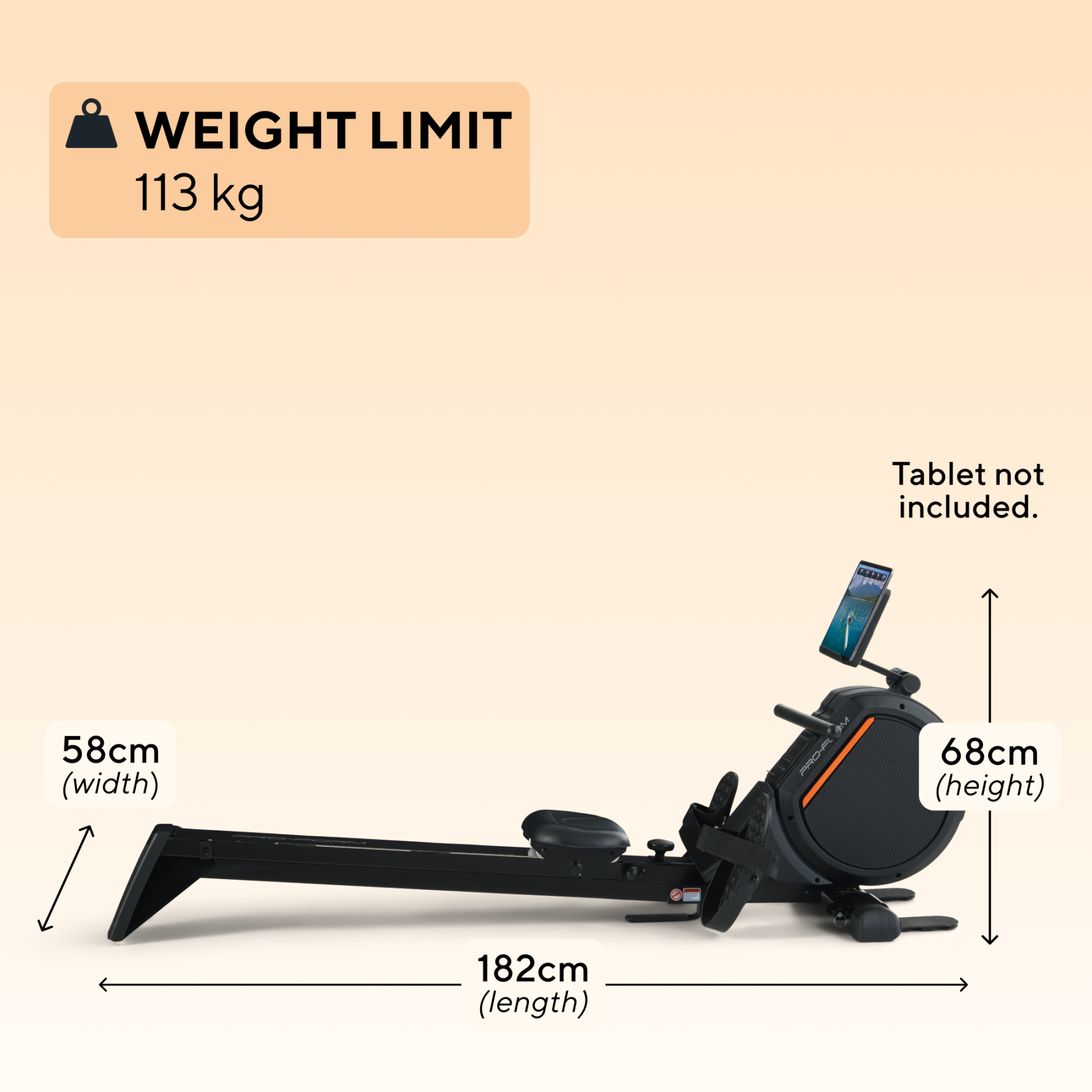 Ein schwarzes Rudergerät mit Maßen: 182cm Länge, 58cm Breite, 68cm Höhe. Gewichtslimit 113kg.