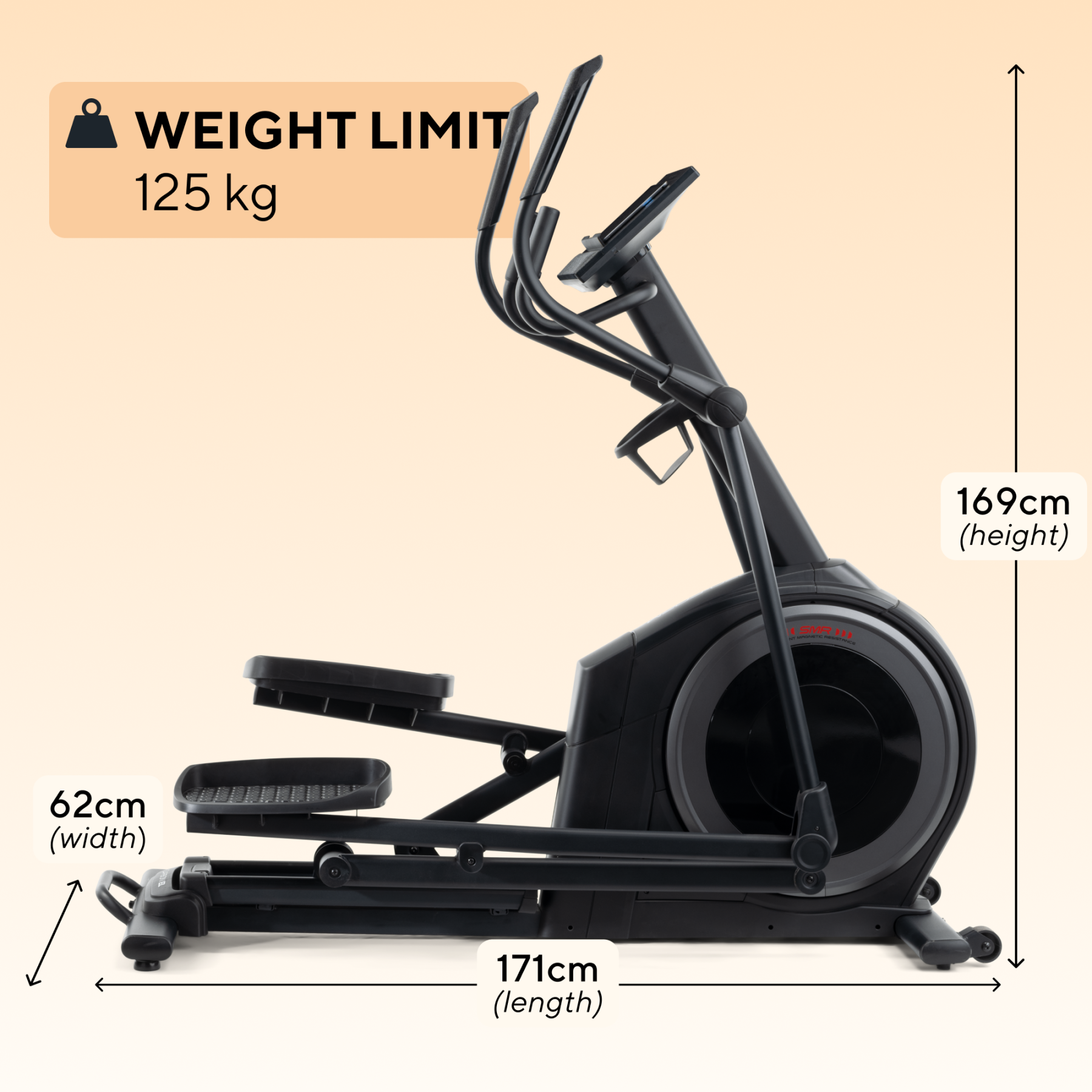 Schwarzes Ellipsentrainer mit Maßen: 171cm L, 62cm B, 169cm H, Gewichtslimit 125kg.